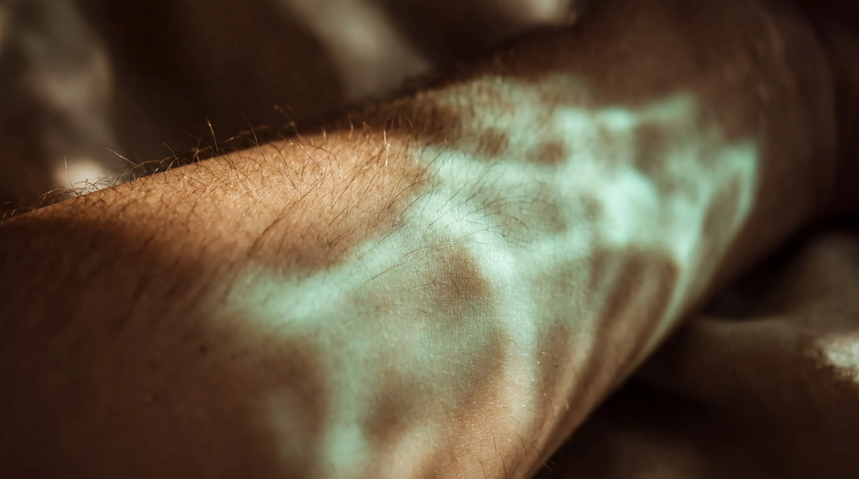 Forearm in warm light, dappled with patches of mint-coloured light