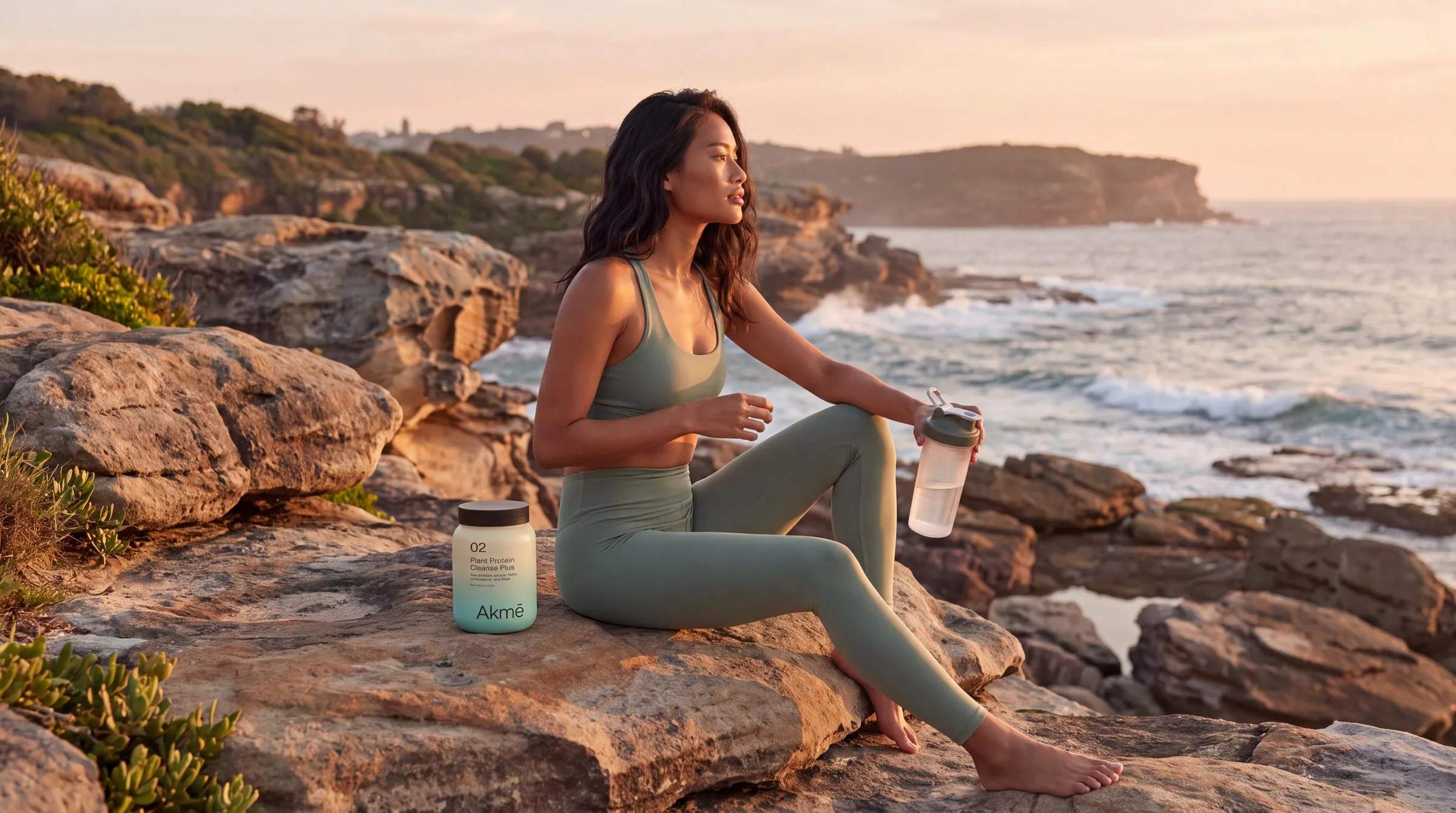 Woman resting on coastal rocks at golden hour beside a 02 jar