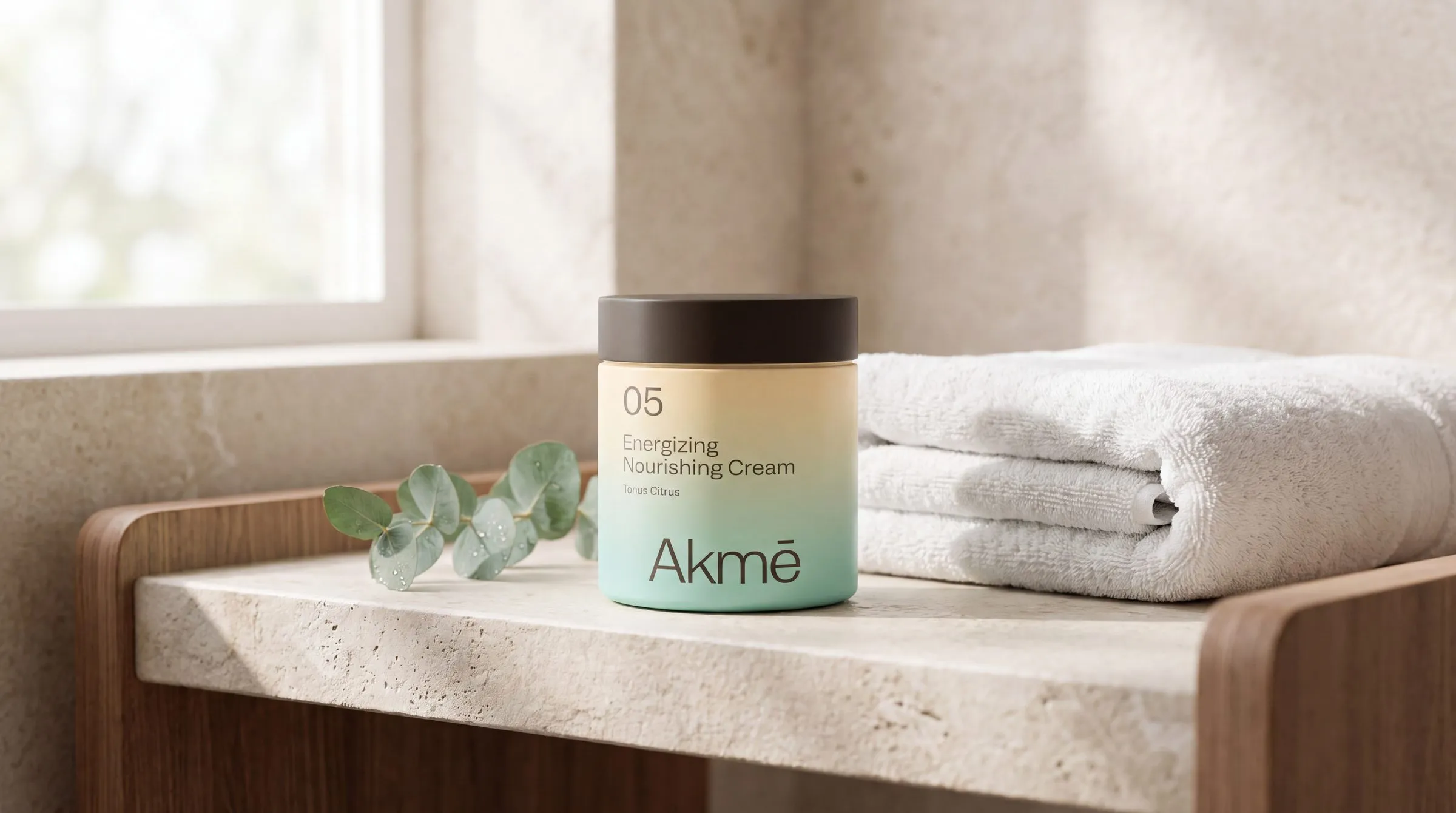 05 Energizing Nourishing Cream on a travertine bathroom shelf beside towels