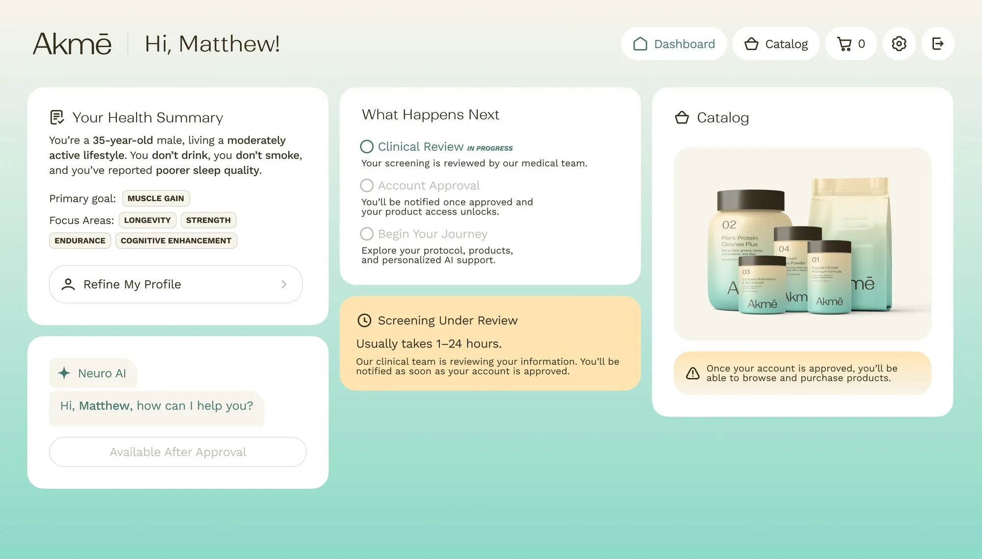 Akmē member dashboard with health summary, review status, locked Neuro AI assistant and catalog preview
