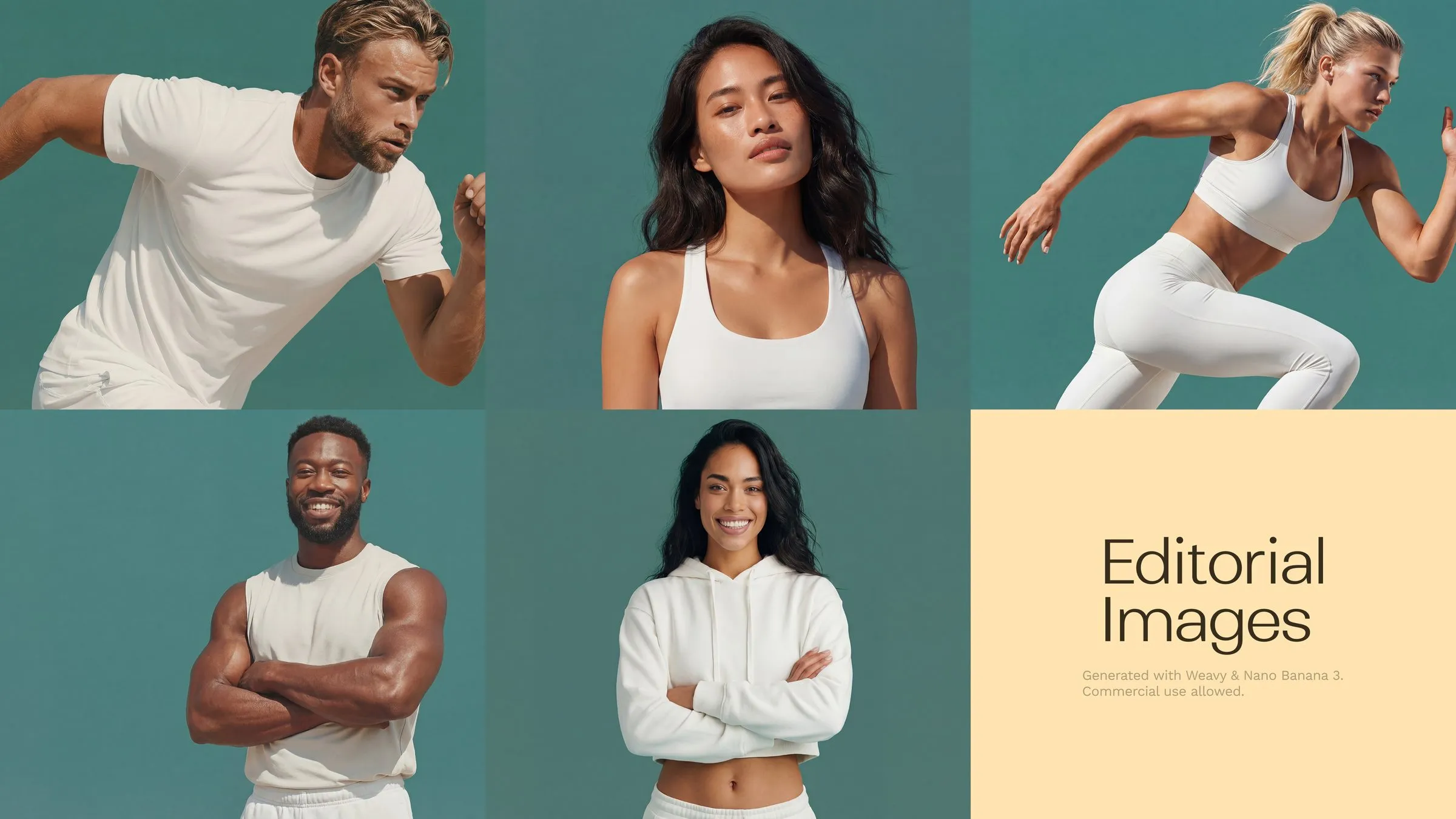 Grid of five editorial portraits on a teal background