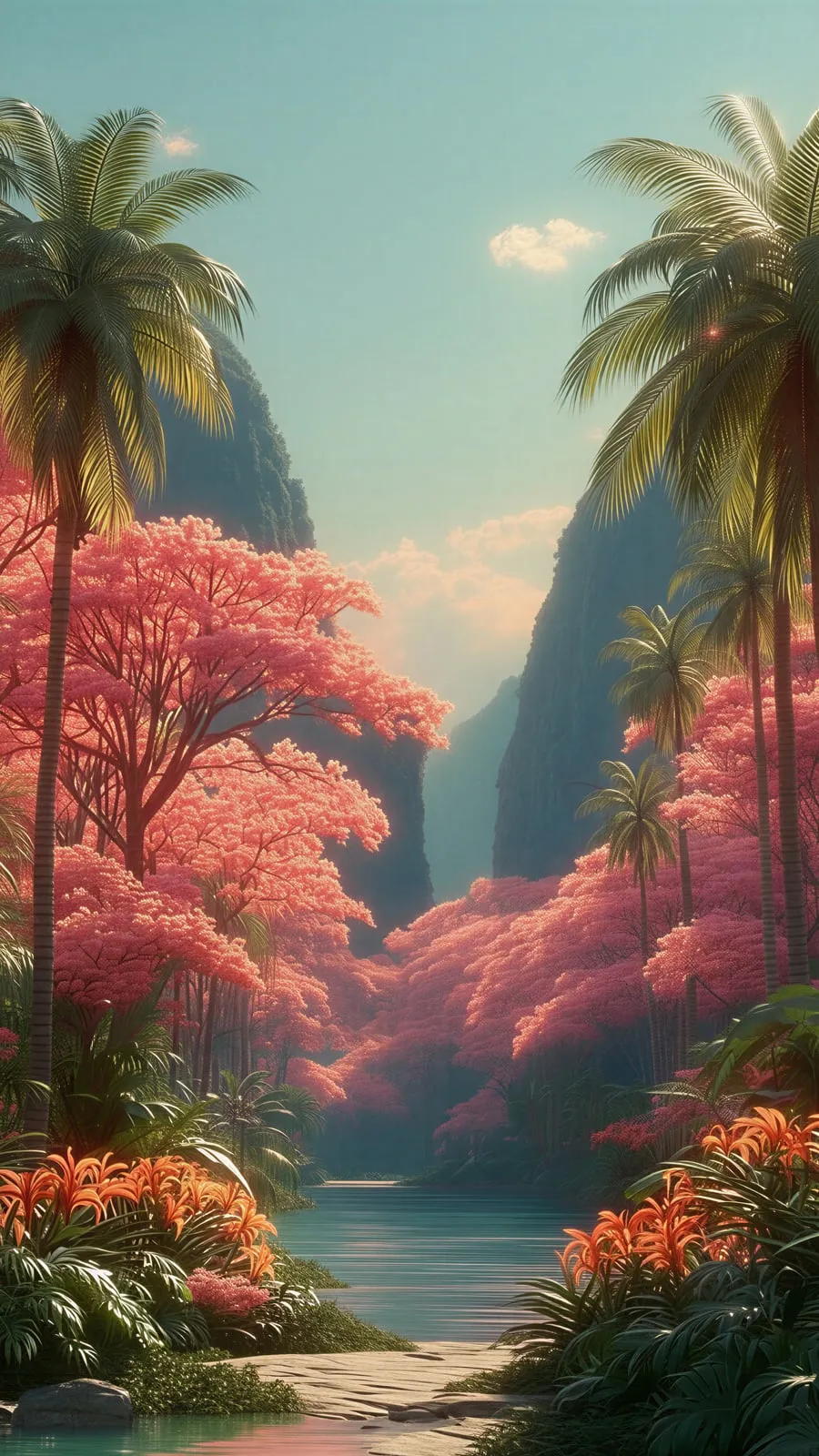Tropical valley with pink blossoming trees, palms and a still river under steep cliffs