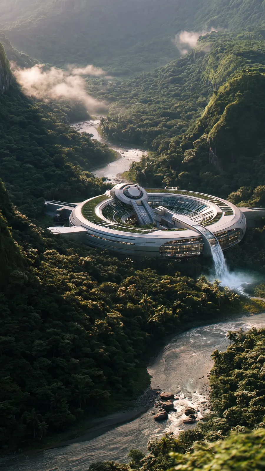 Circular futuristic building with a waterfall at the heart of a jungle valley, seen from above