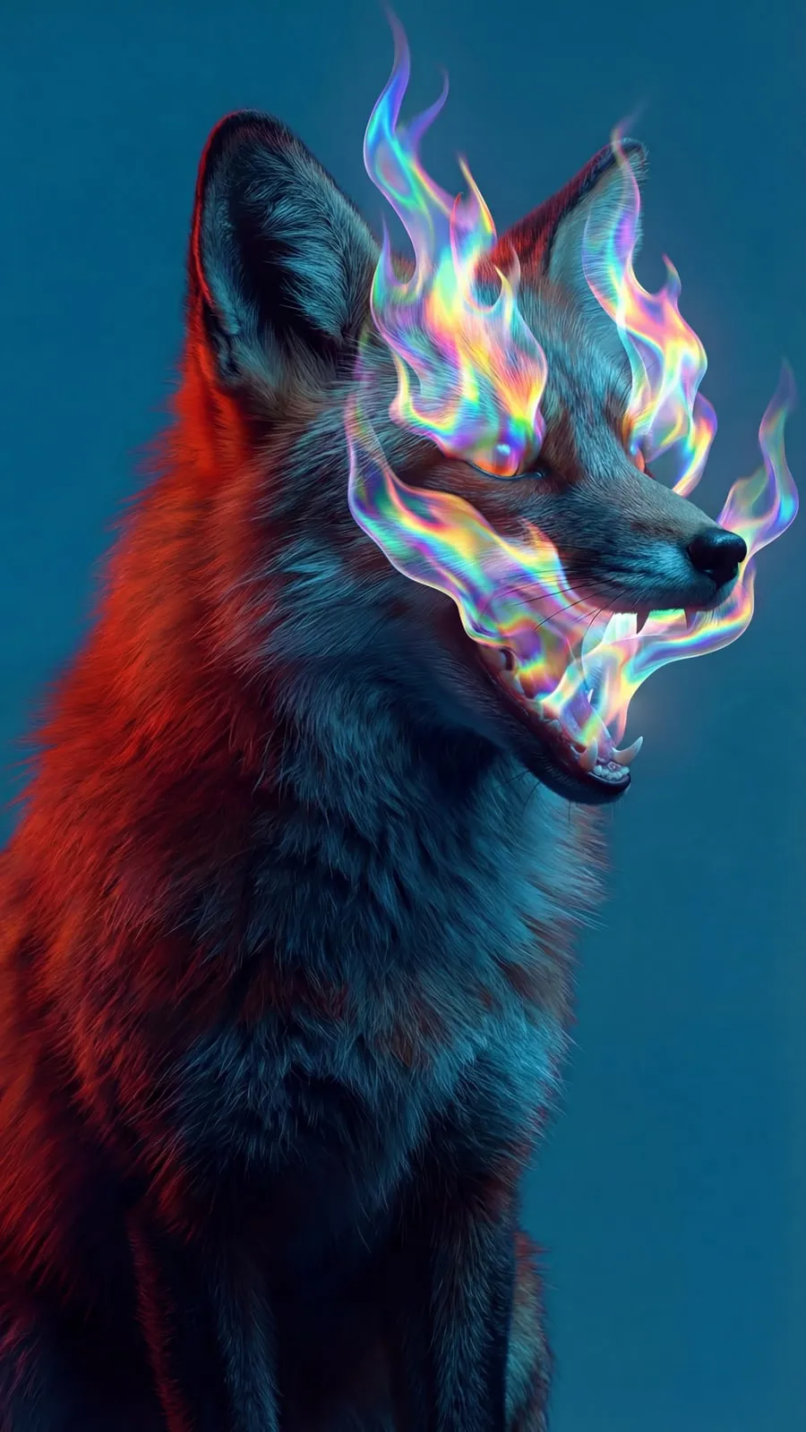 Red and blue fox whose face dissolves into iridescent flames