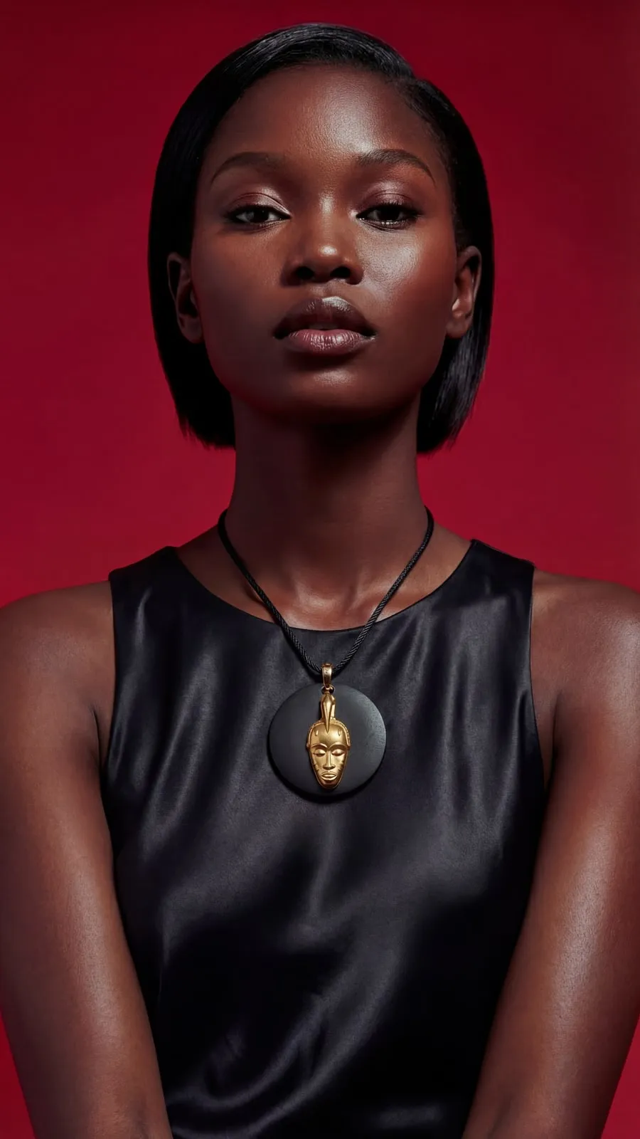 Portrait of a woman in a black satin top against a red backdrop, wearing a gold mask pendant