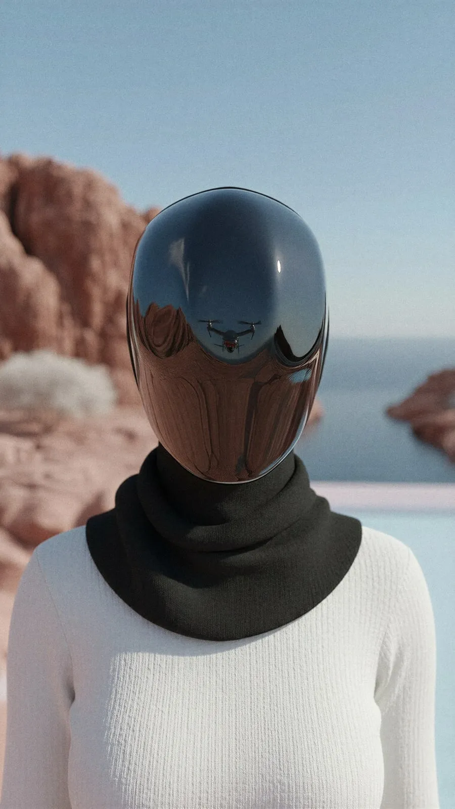 Figure in a white knit sweater and a mirrored black helmet, on red rocks by the sea