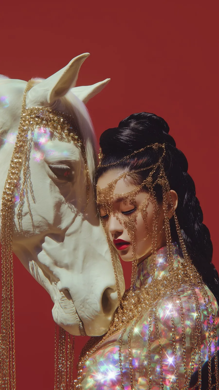 Woman in glittering gold embroidery resting her head against a white horse with a jewelled bridle, on red