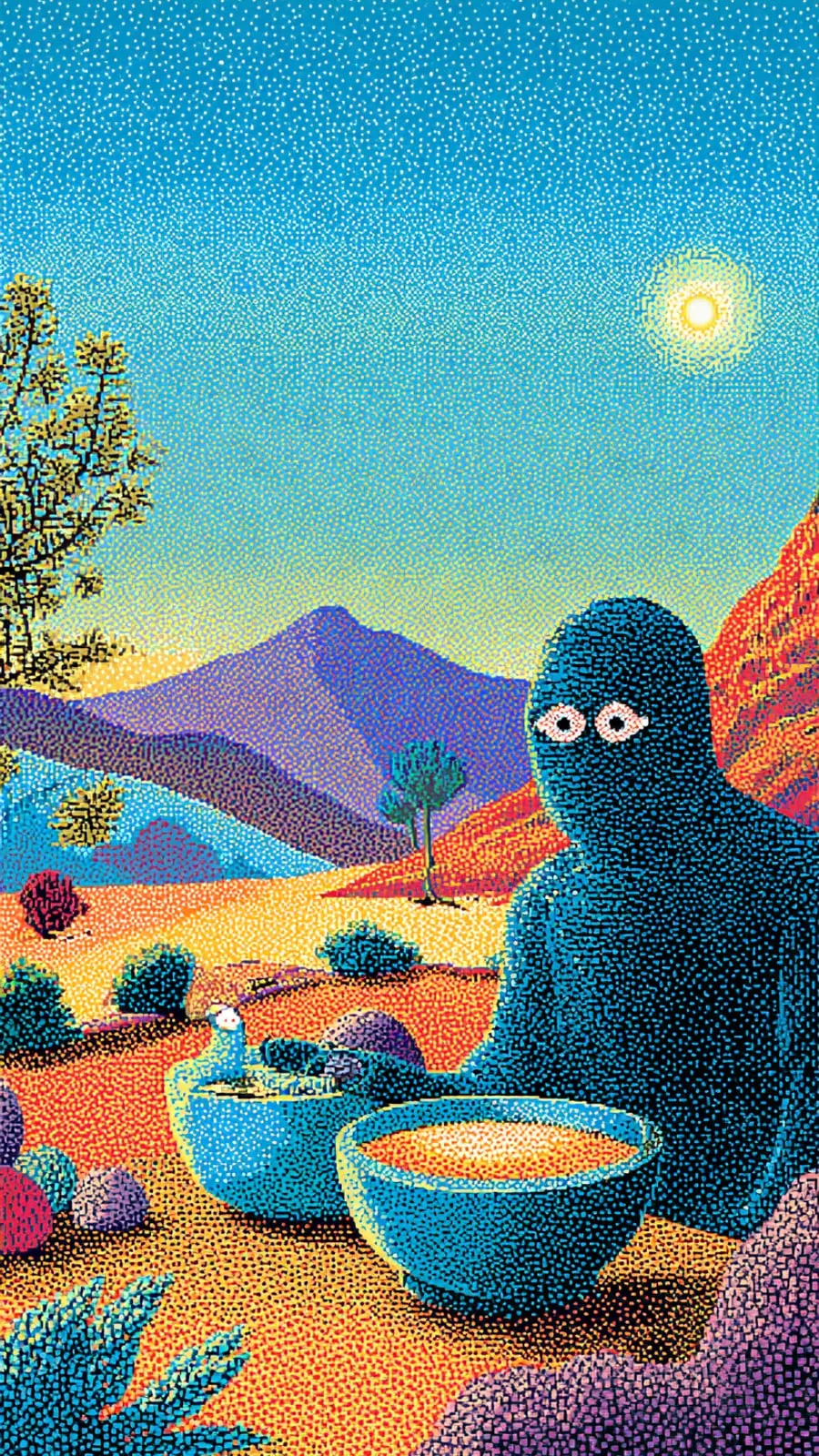 Illustrated figure in a blue many-eyed balaclava with bowls of food in a colourful desert