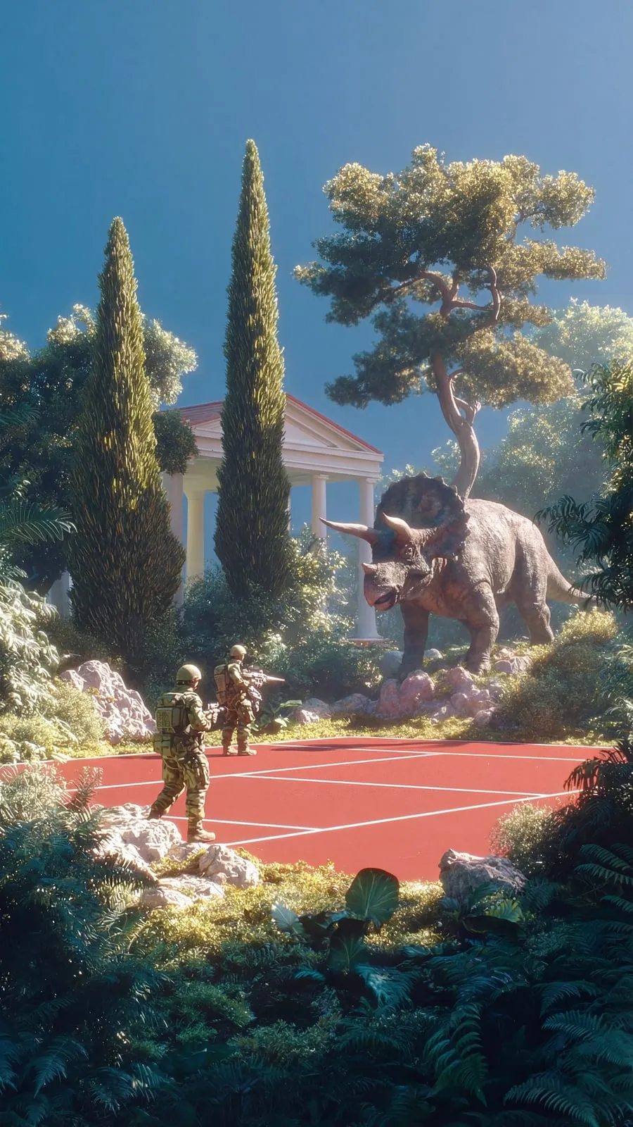 Toy soldiers and a triceratops on a clay tennis court in a Mediterranean garden with cypresses