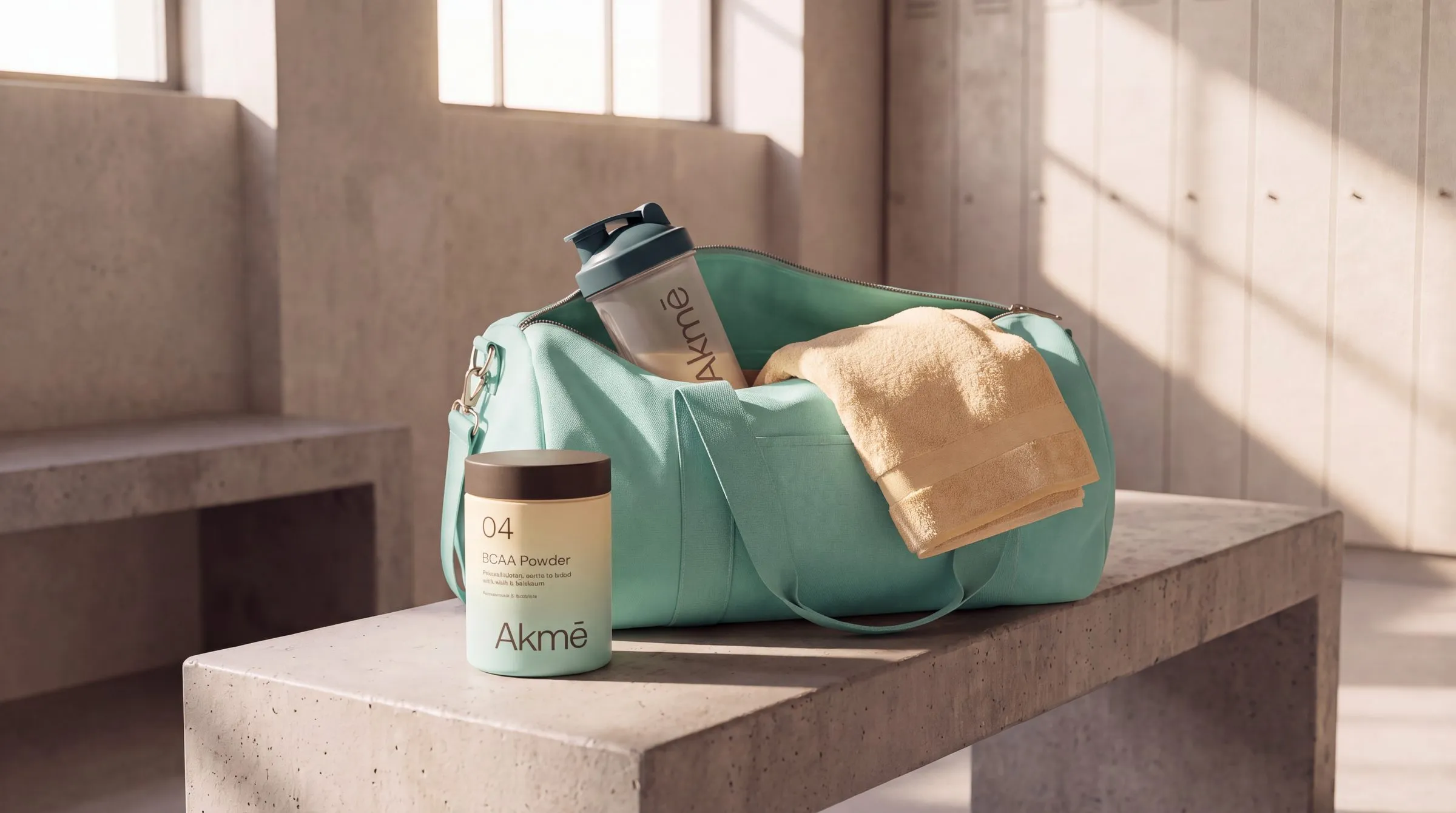 04 BCAA Powder next to a mint gym bag and Akmē shaker on a concrete bench