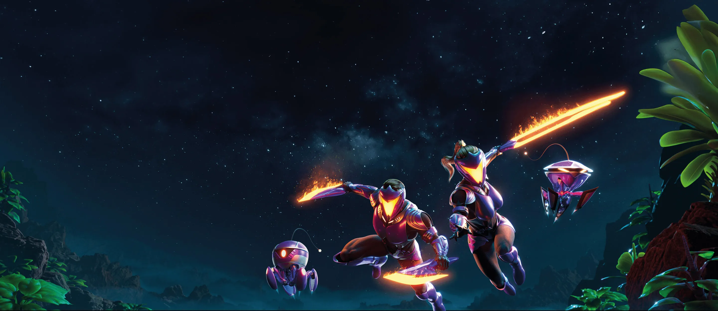 An armoured Illuvium Ranger leaps through a night jungle swinging a flaming blade, flanked by two creatures