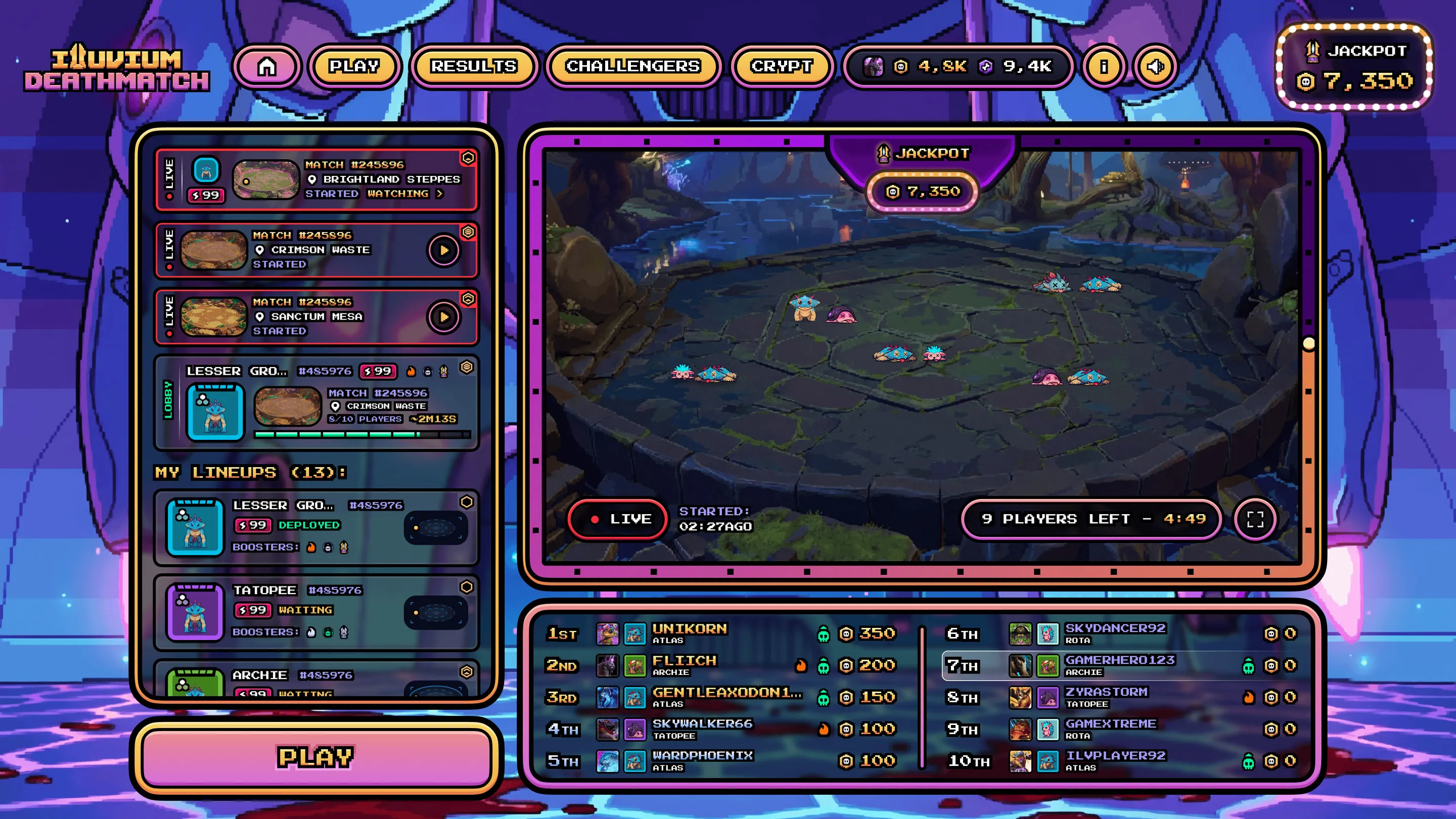 Illuvium Deathmatch lobby with a live jackpot match, player lineups and results table