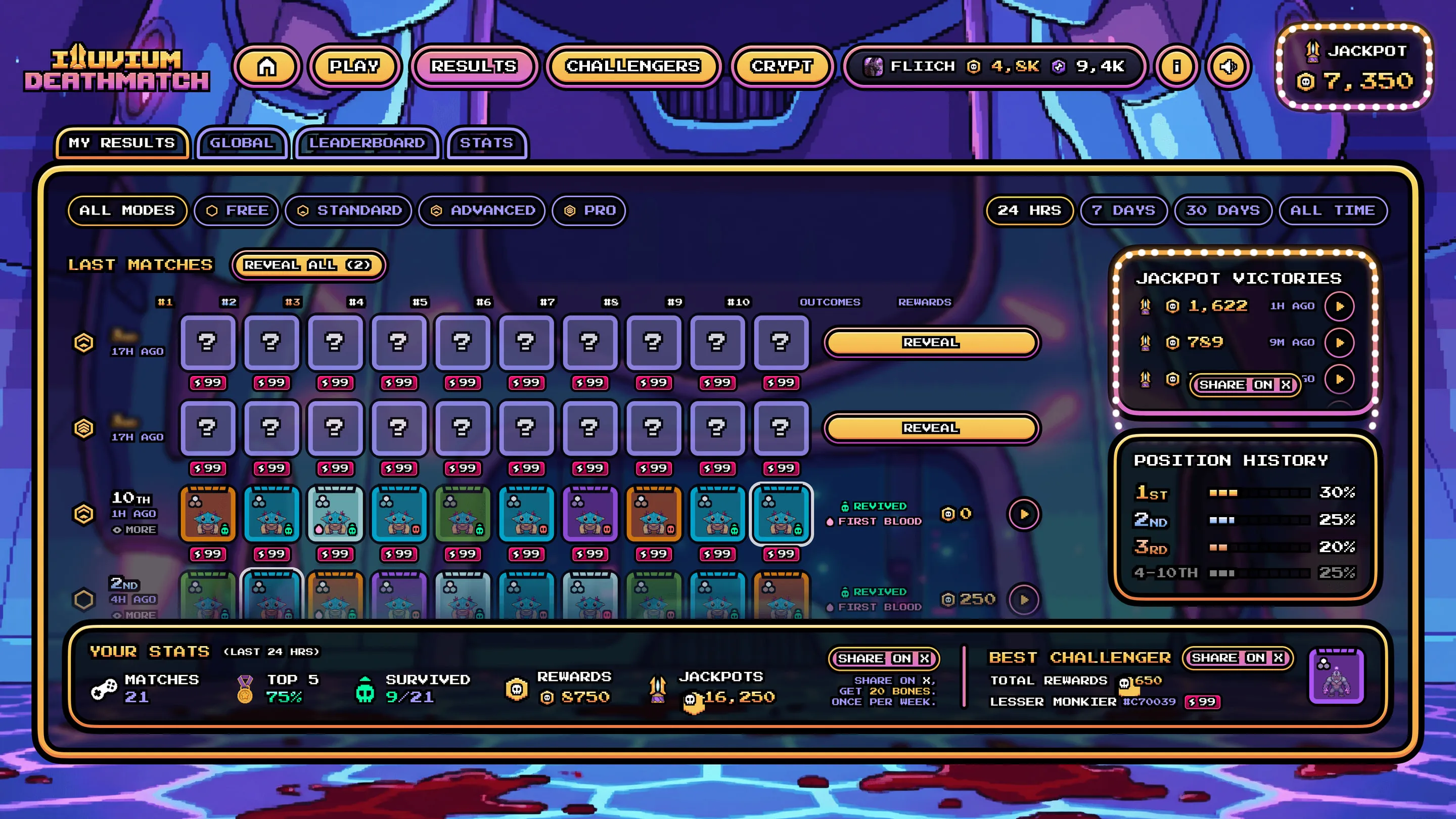 Deathmatch results history with a grid of past matches, jackpot victories and player stats