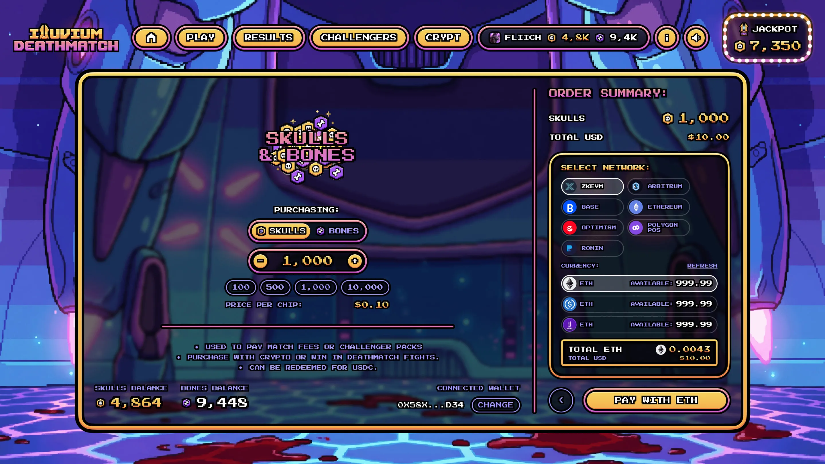 Deathmatch Skulls & Bones checkout with bundle amounts and network selection