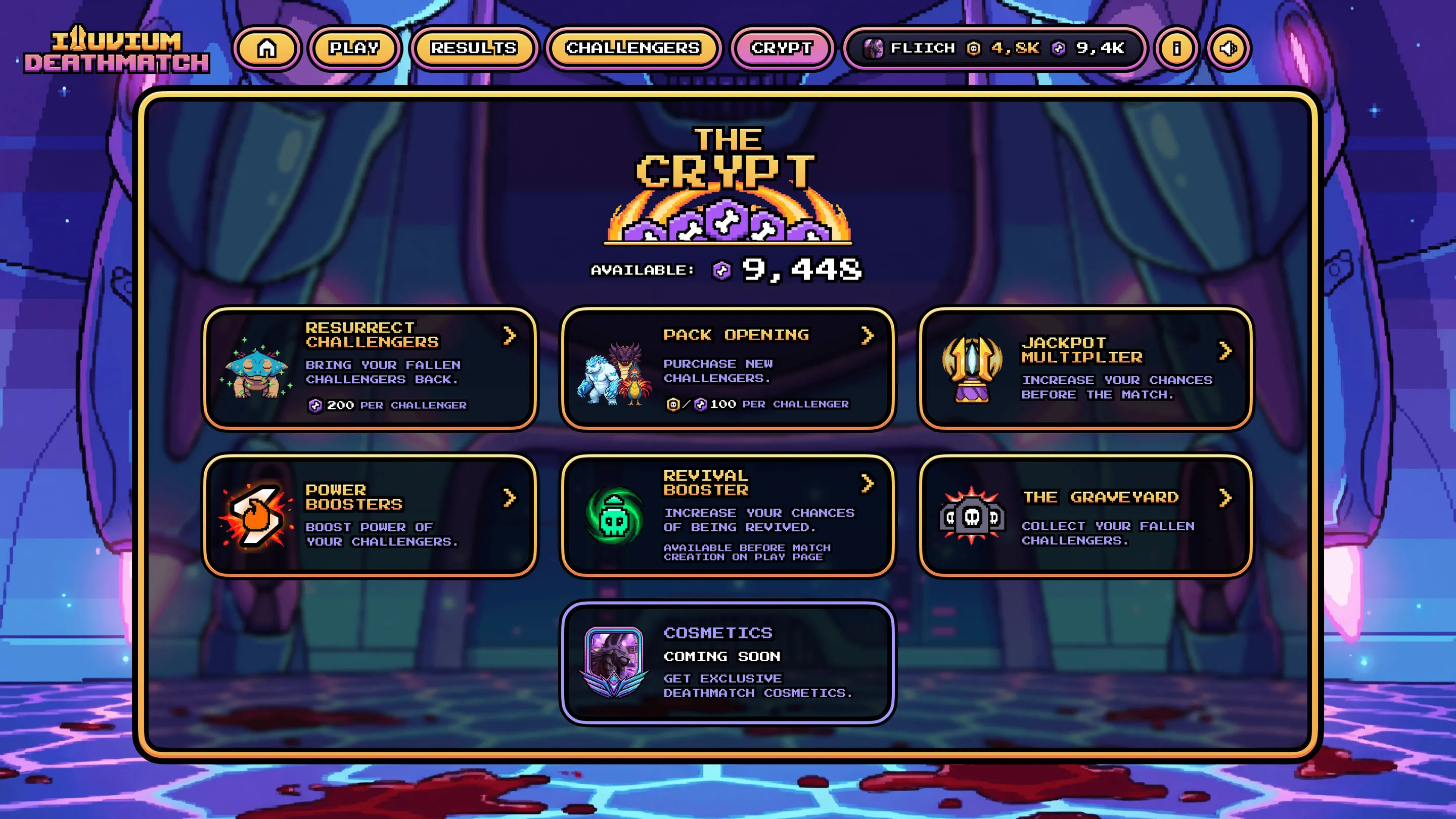 Deathmatch Crypt screen with boosters, pack opening and jackpot multiplier options