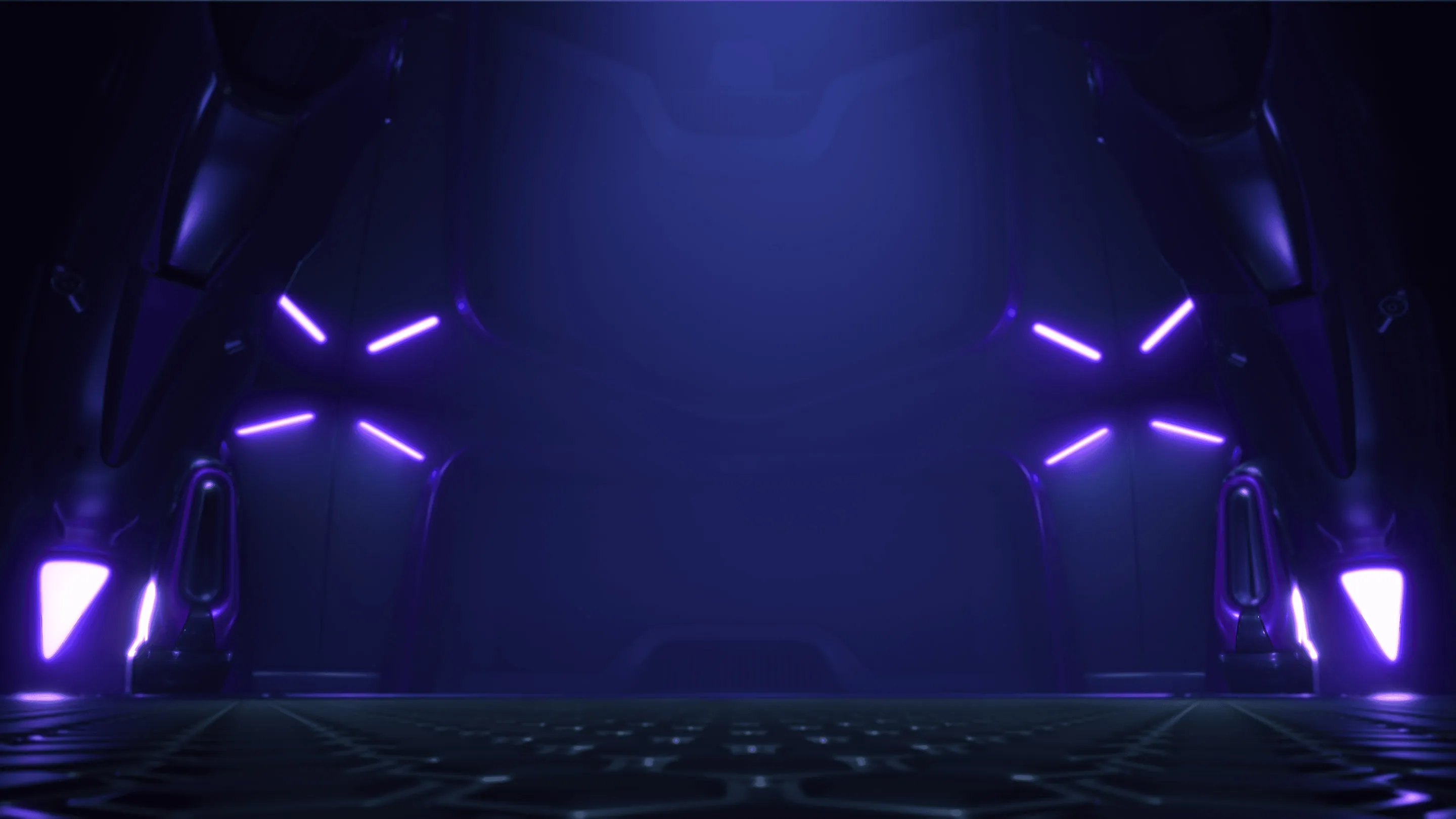 Empty sci-fi stage lit with purple light strips, used as the backdrop for Illuvium game screens