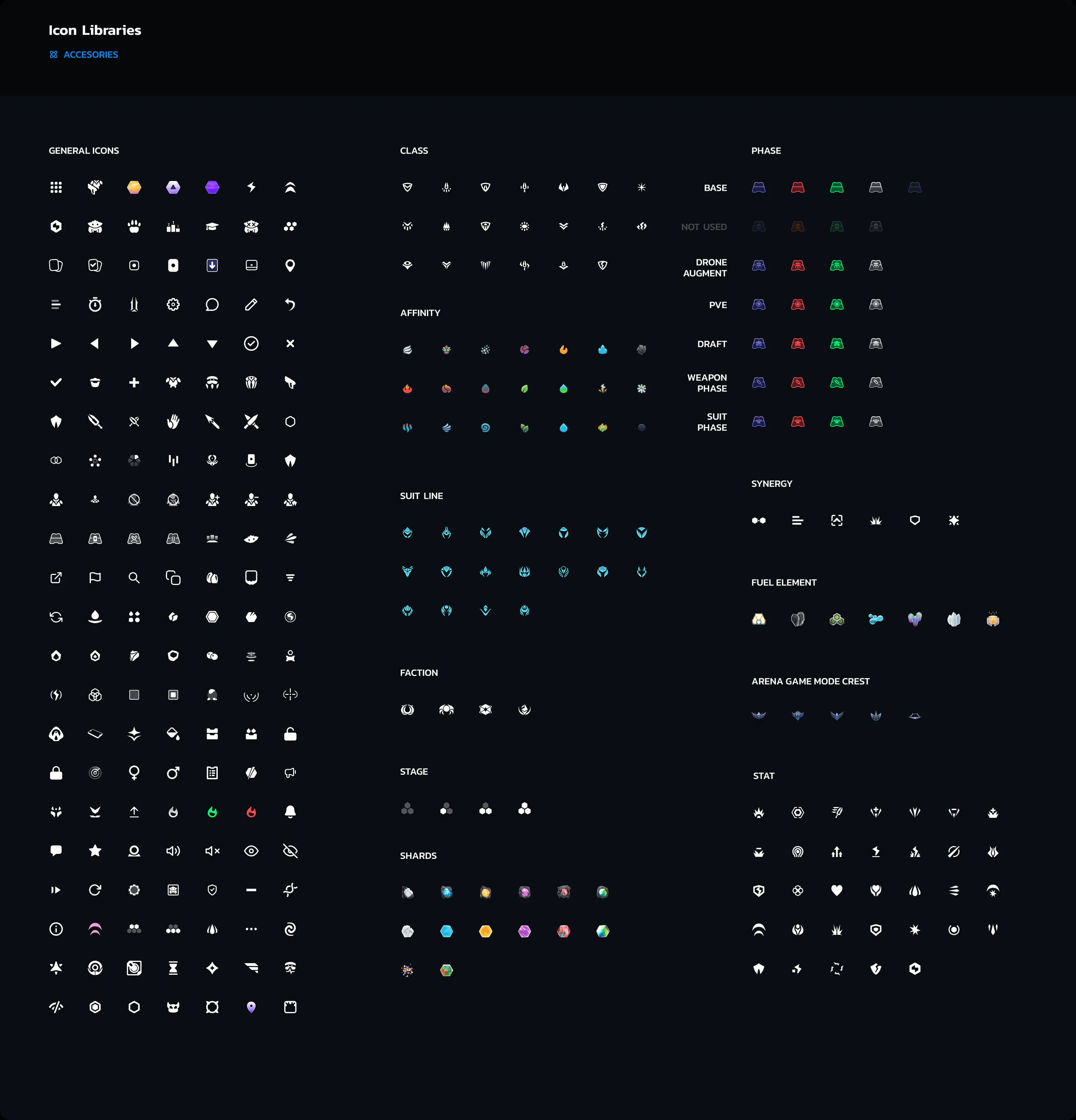 Icon libraries: general, class, affinity, stat and currency icon sets