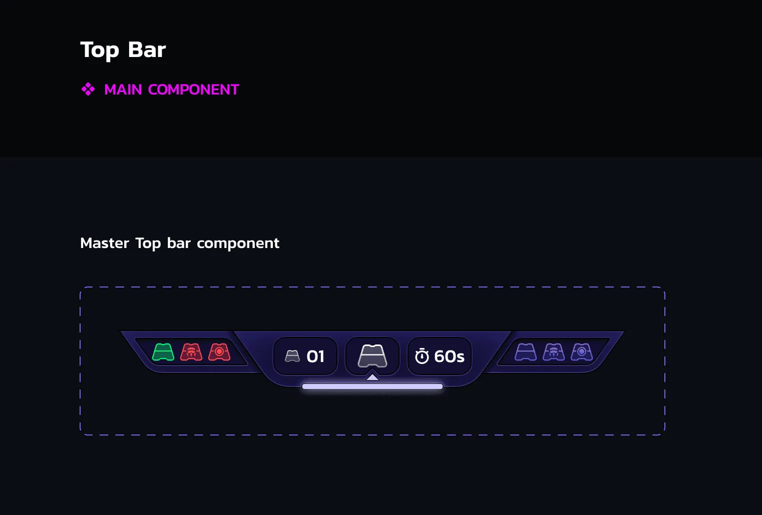 Top bar main component showing round number, timer and team indicators