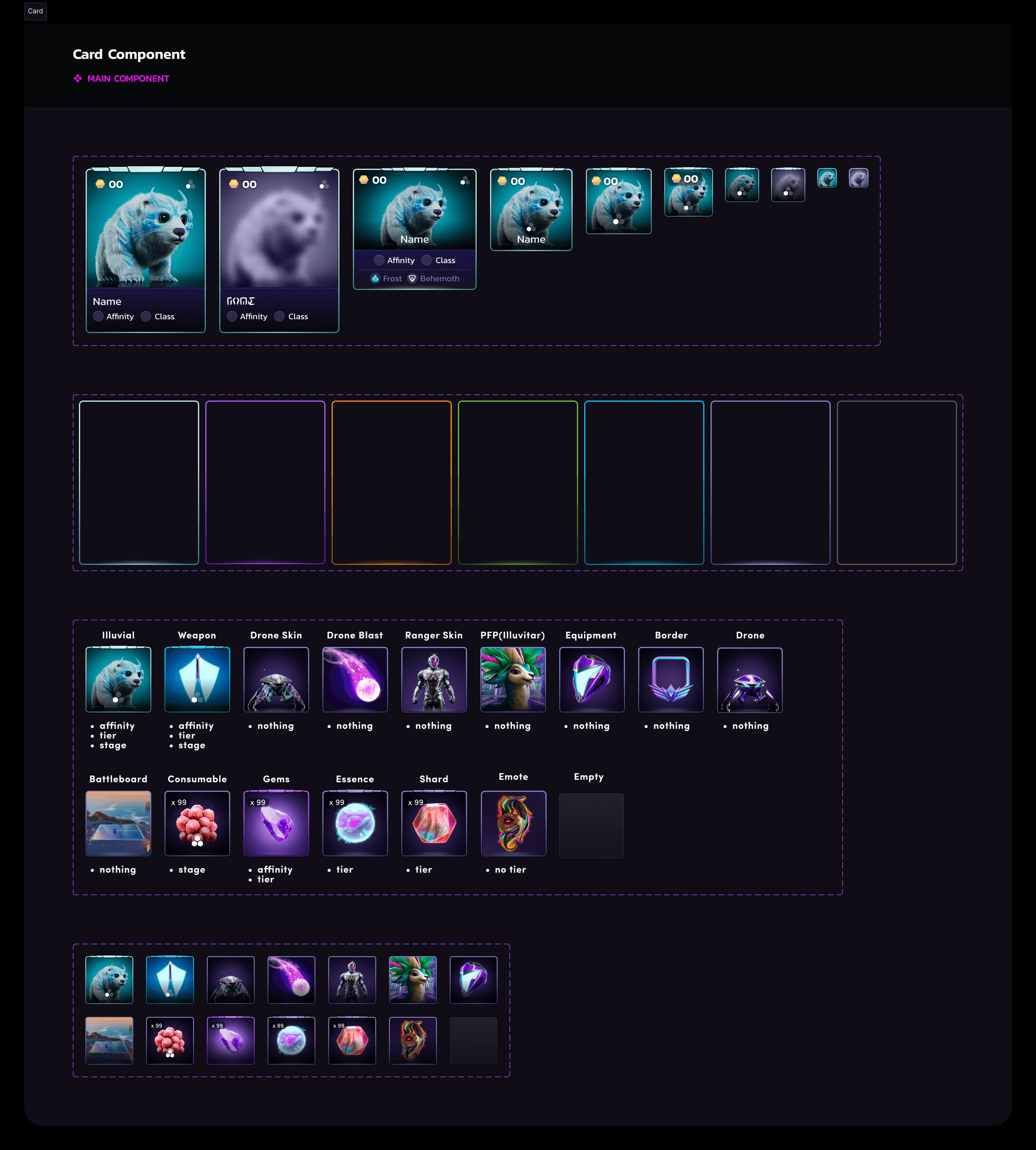 Card component sheet with Illuvial cards, rarity frames and item slots