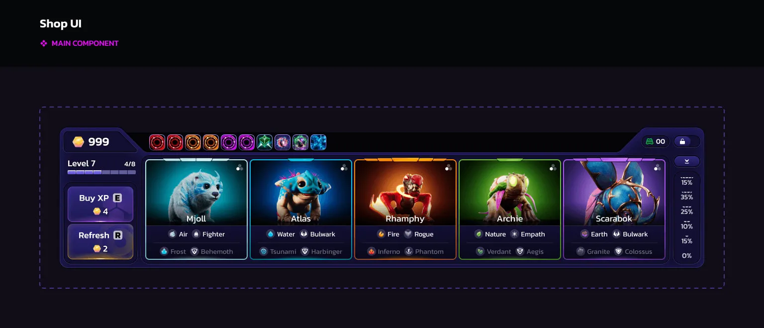Shop UI main component with a row of five Illuvial cards, level and gold