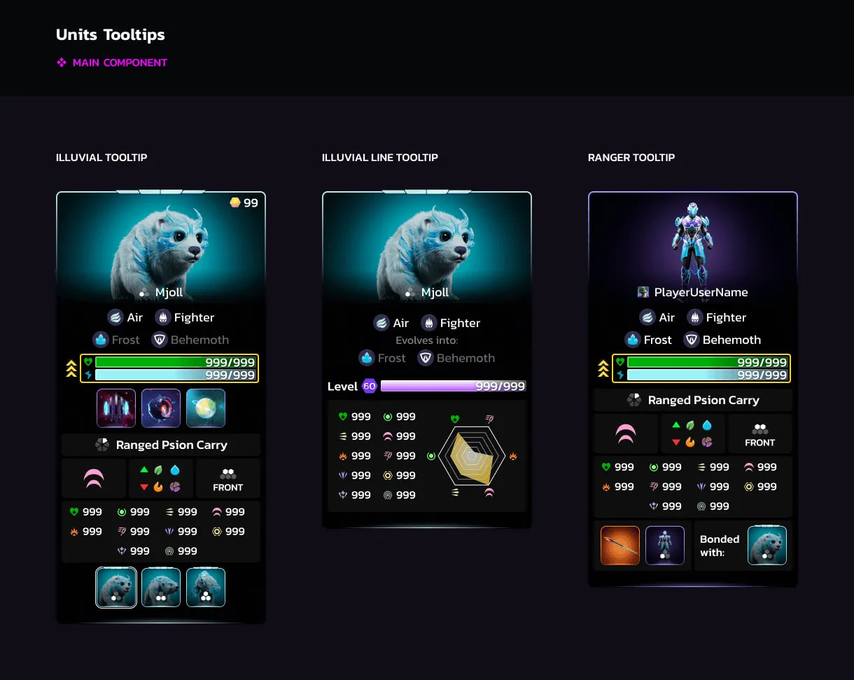 Tooltip components for Illuvials, Illuvial lines and Rangers, with stats, affinities and level bars on a dark UI