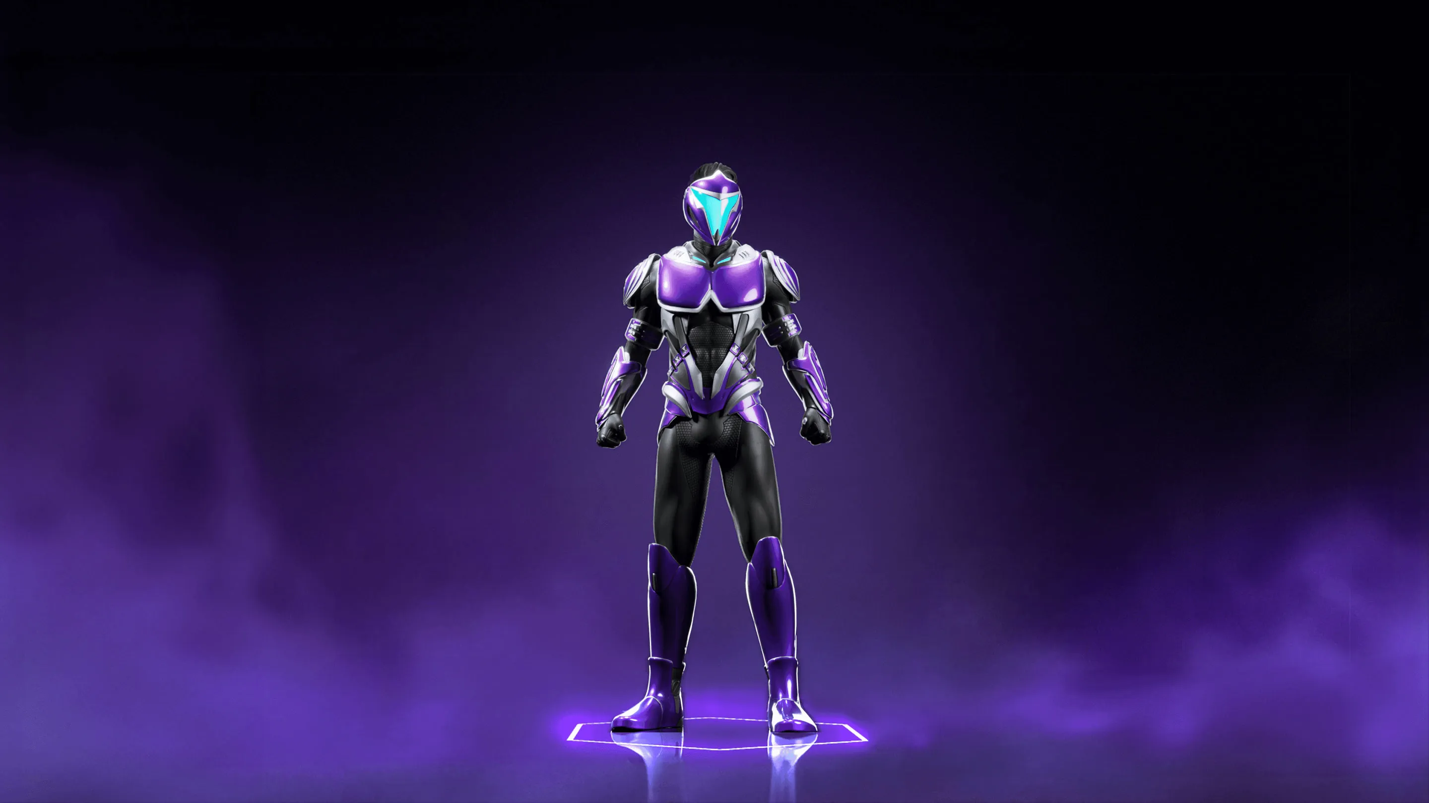 An armoured Illuvium Ranger standing on a glowing platform in purple mist, the launcher's home screen backdrop