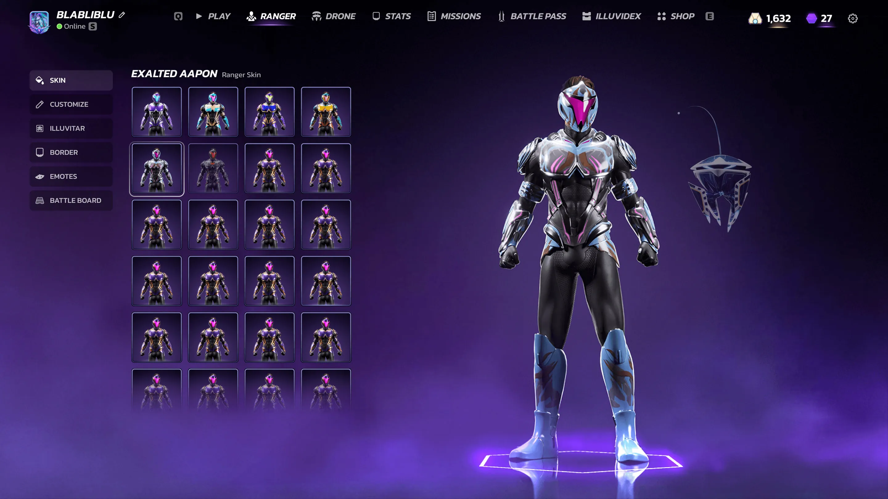 Ranger skin selection with a grid of Exalted Aapon skins beside the Ranger and drone