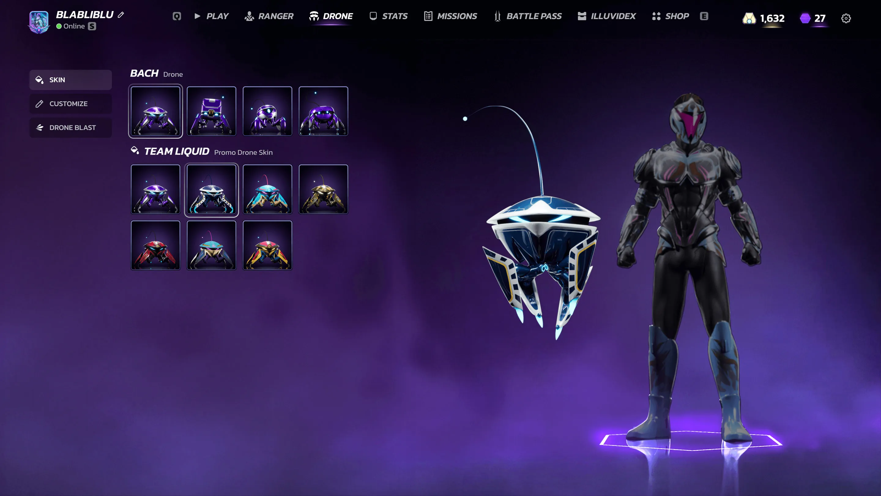 Drone customisation screen with Team Liquid drone skins next to the Ranger