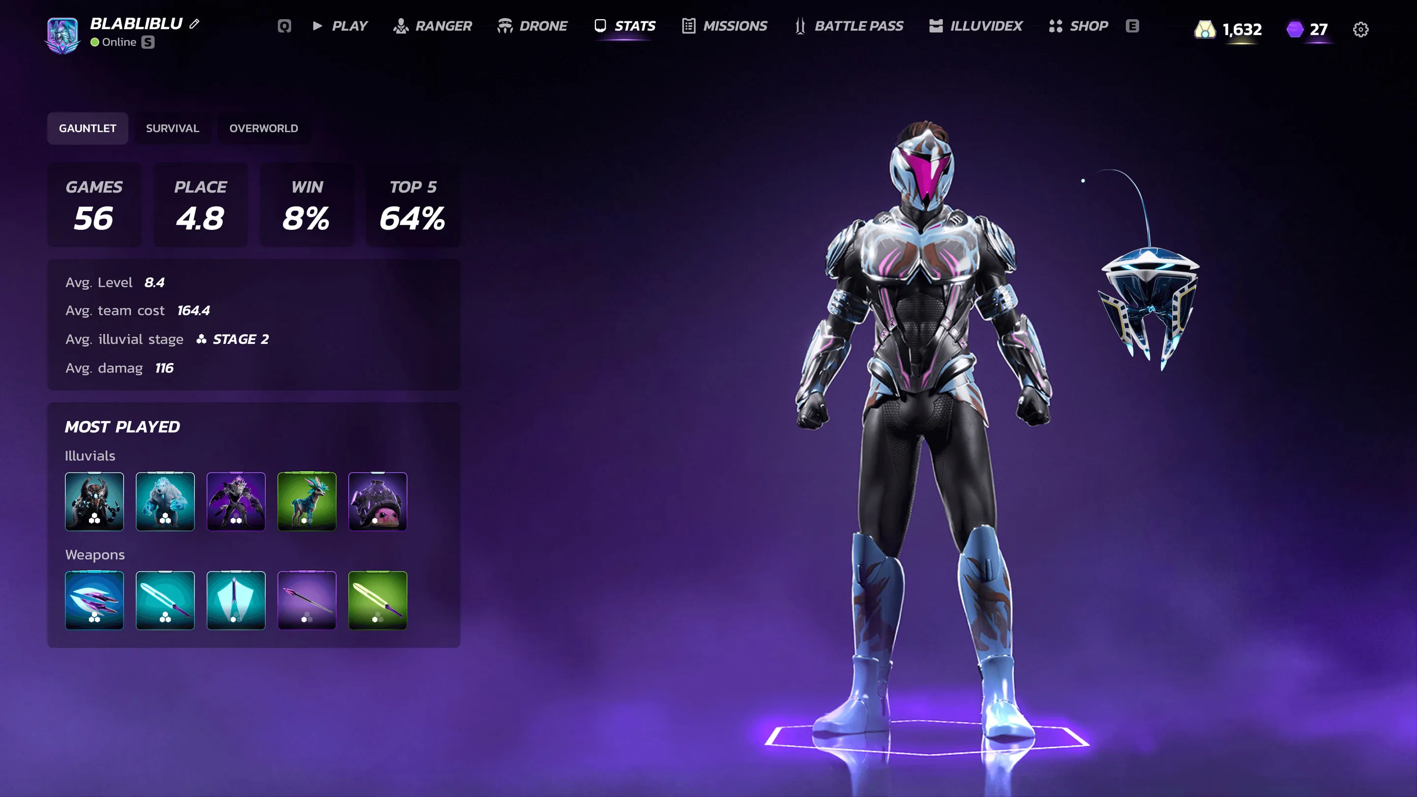 Player stats panel with games played, average place, win rate and most played Illuvials
