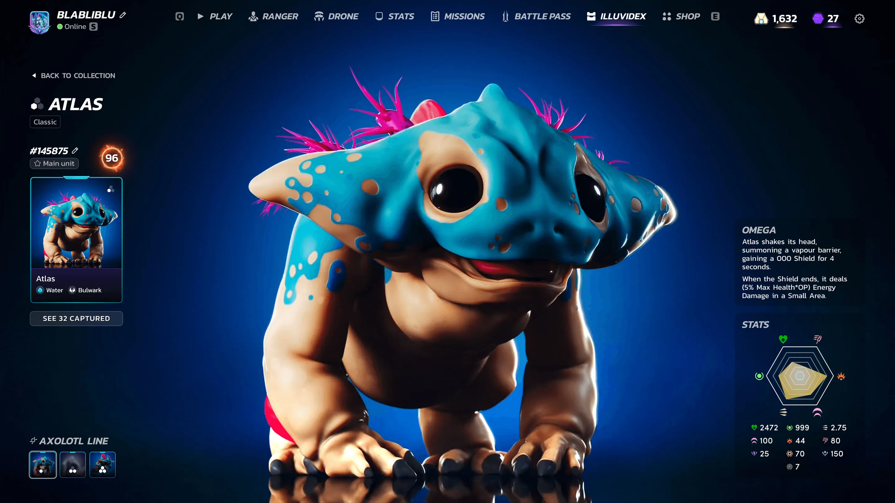 Illuvidex entry for Atlas, a blue creature, with its stats radar and capture history