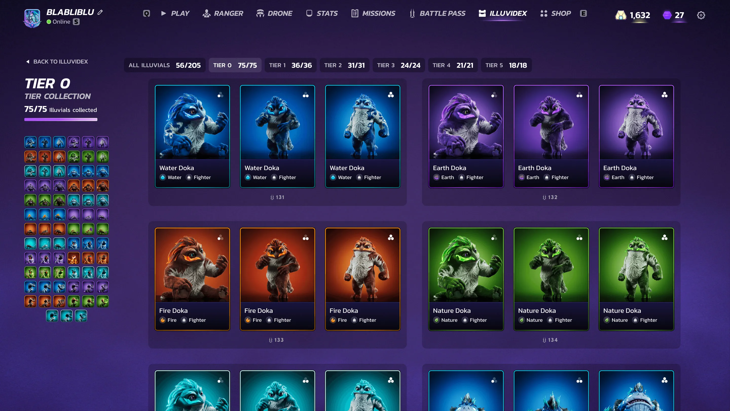 Tier 0 collection view with Doka variants grouped by element