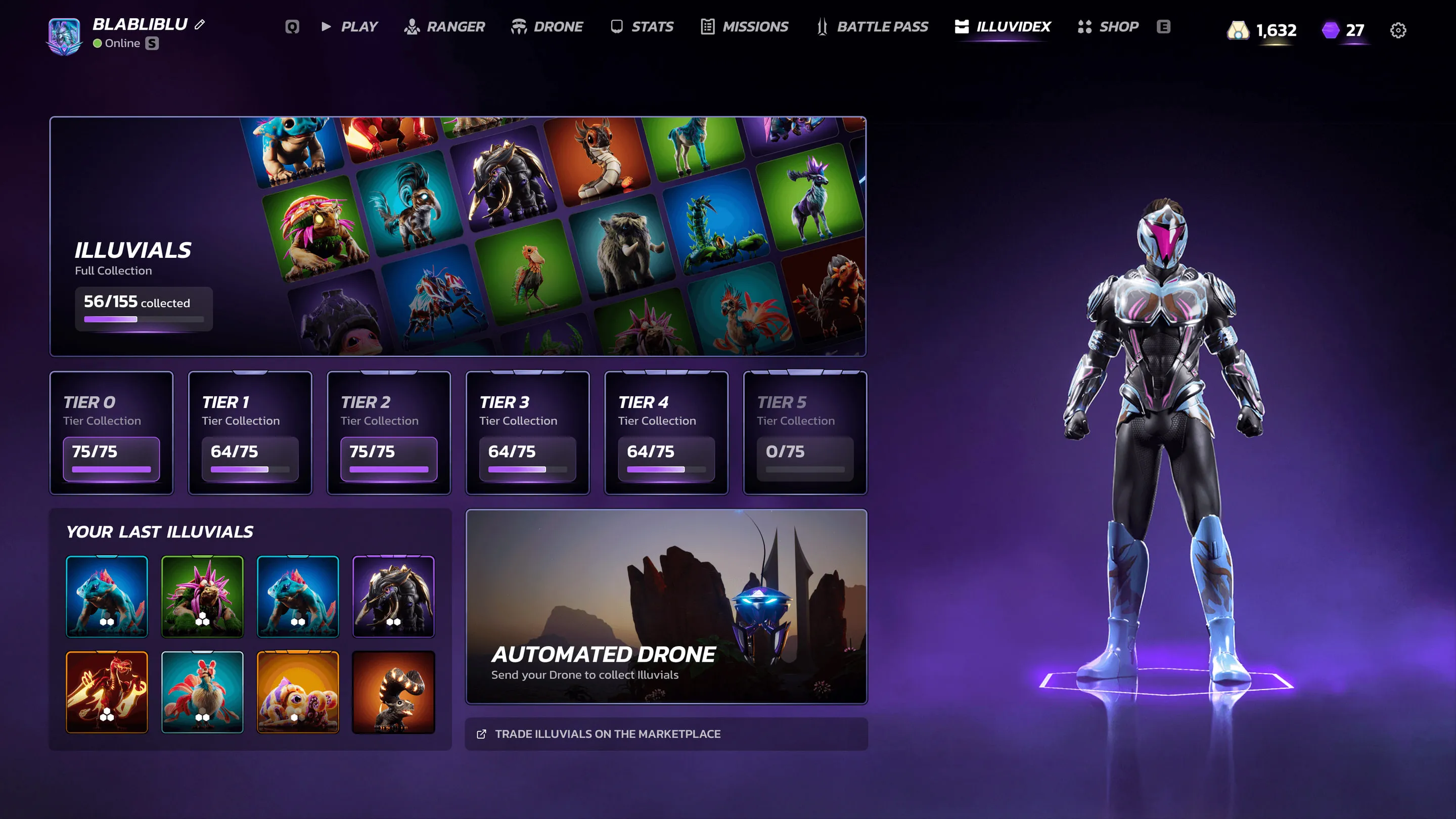 Launcher collection screen showing Illuvial tiers, recent captures and a Ranger standing on a glowing platform