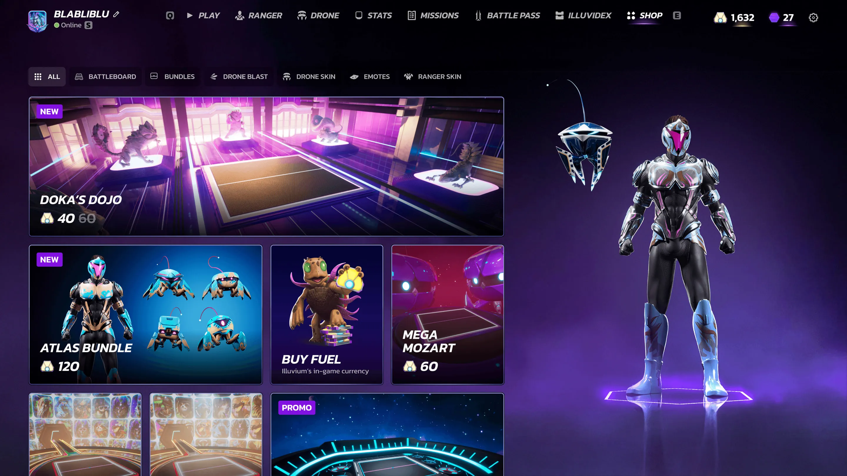 In-game shop with bundles, fuel packs and a featured Doka's Dojo environment