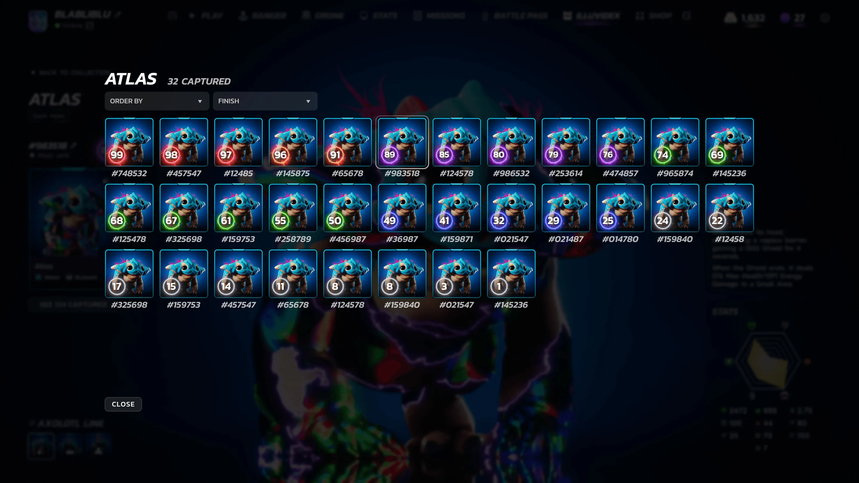 Overlay listing the 32 captured Atlas creatures with their serial numbers