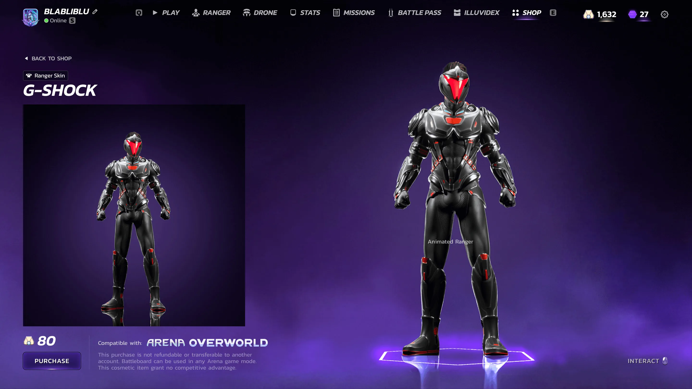 Shop detail page for the G-Shock Ranger skin, compatible with Arena and Overworld