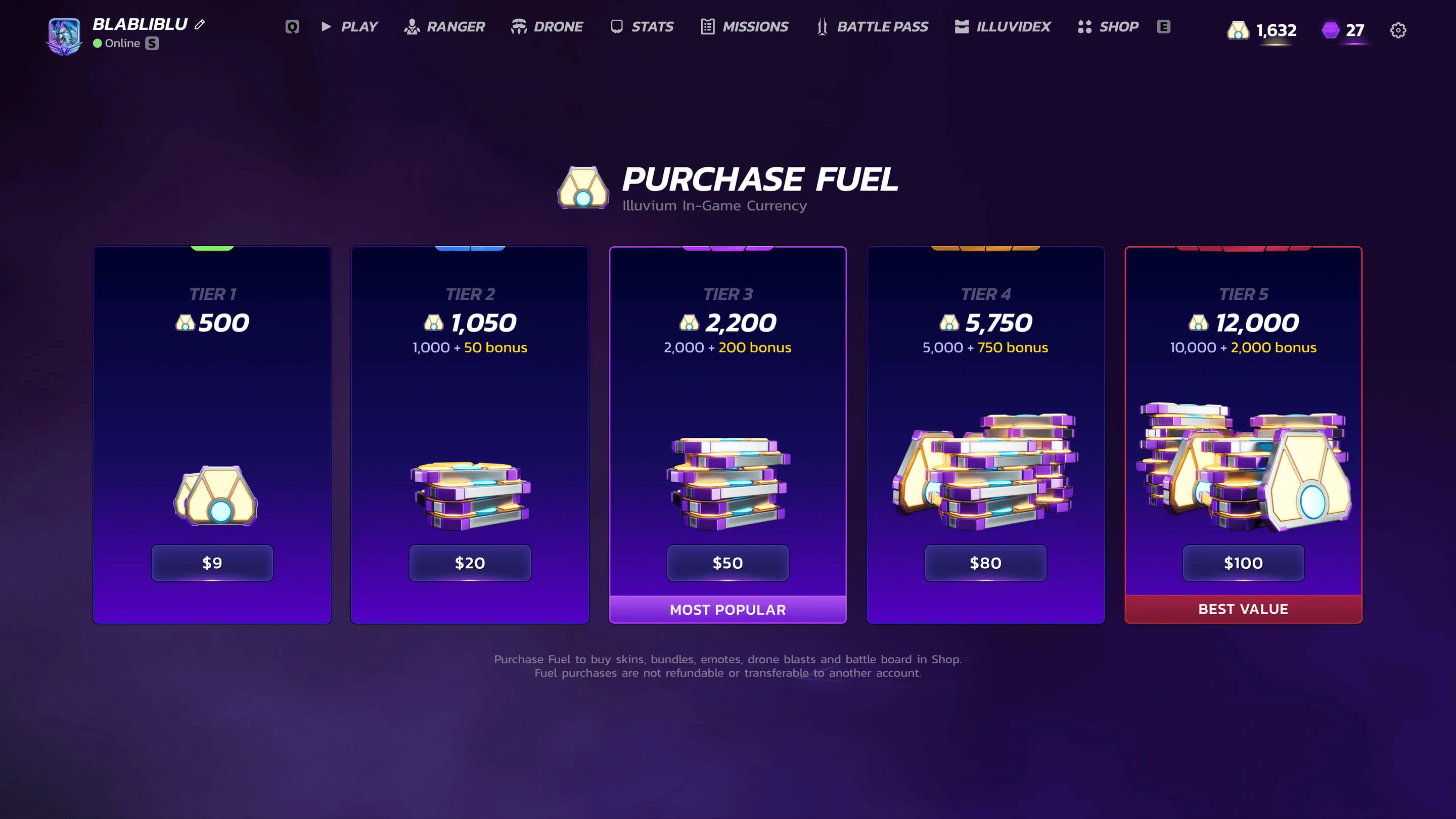 Purchase Fuel screen with five tiers of in-game currency packs