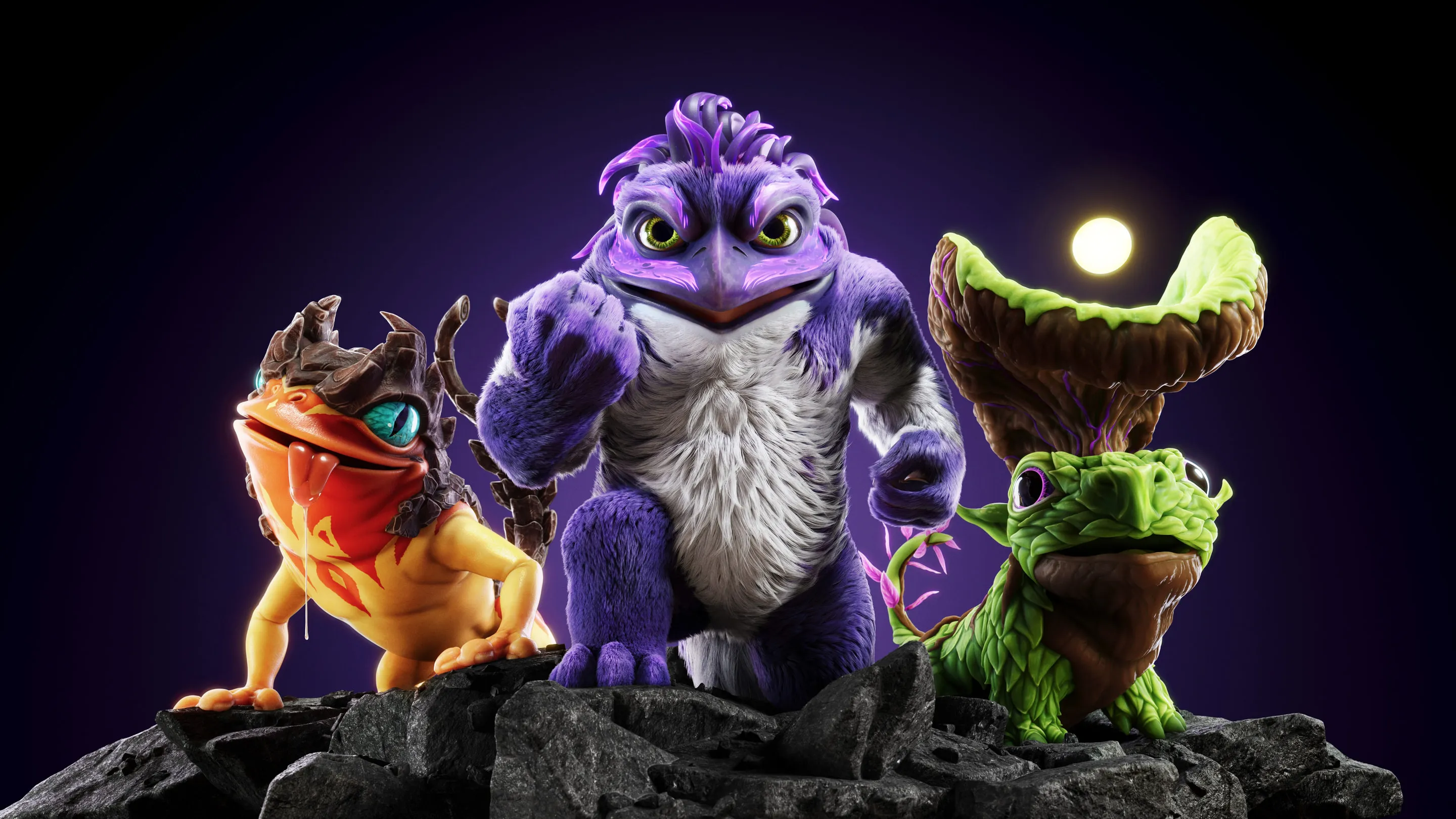 Three Illuvial creatures, a purple ape flanked by two frog-like companions, posed on a rock under a night sky