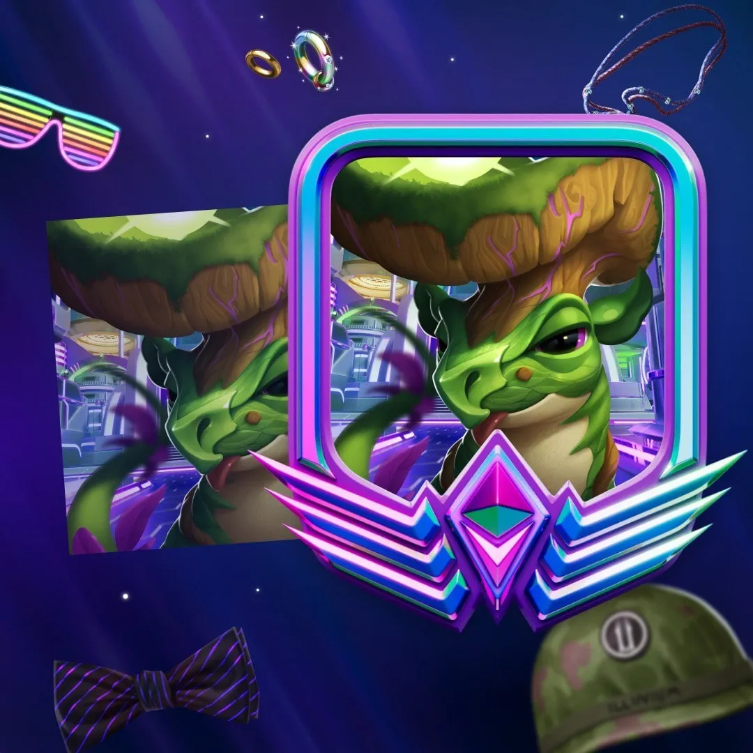 Two creatures framed in a glowing Illuvium rank badge with party glasses and a bow tie