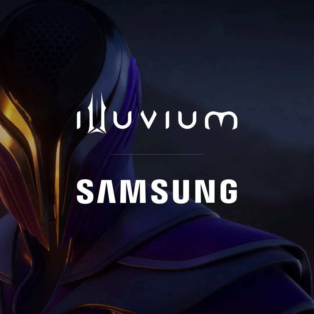 Illuvium × Samsung partnership visual with a dark armoured figure