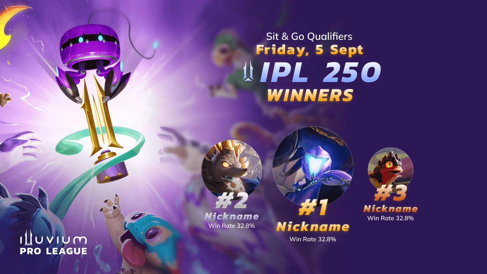Illuvium Pro League IPL 250 Sit & Go qualifier winners, with three player avatars