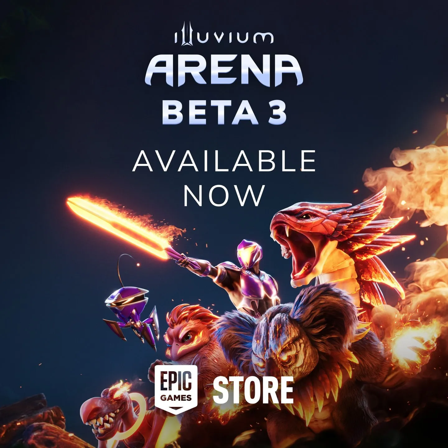 Illuvium Arena Beta 3 available now on the Epic Games Store, with a Ranger firing at a fire creature