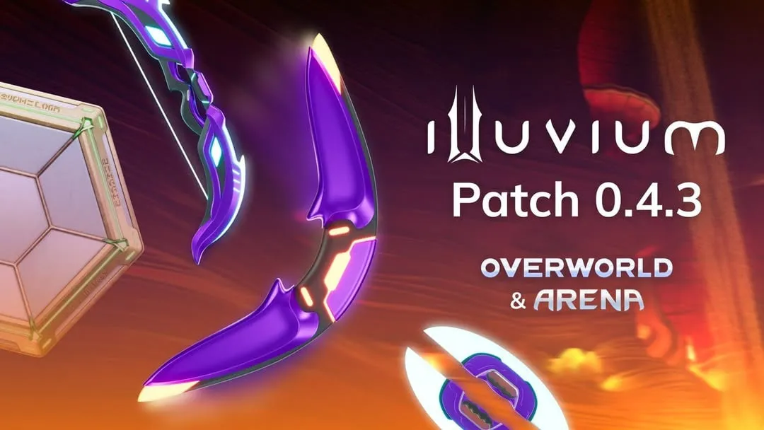 Patch 0.4.3 announcement for Overworld and Arena with a purple blade