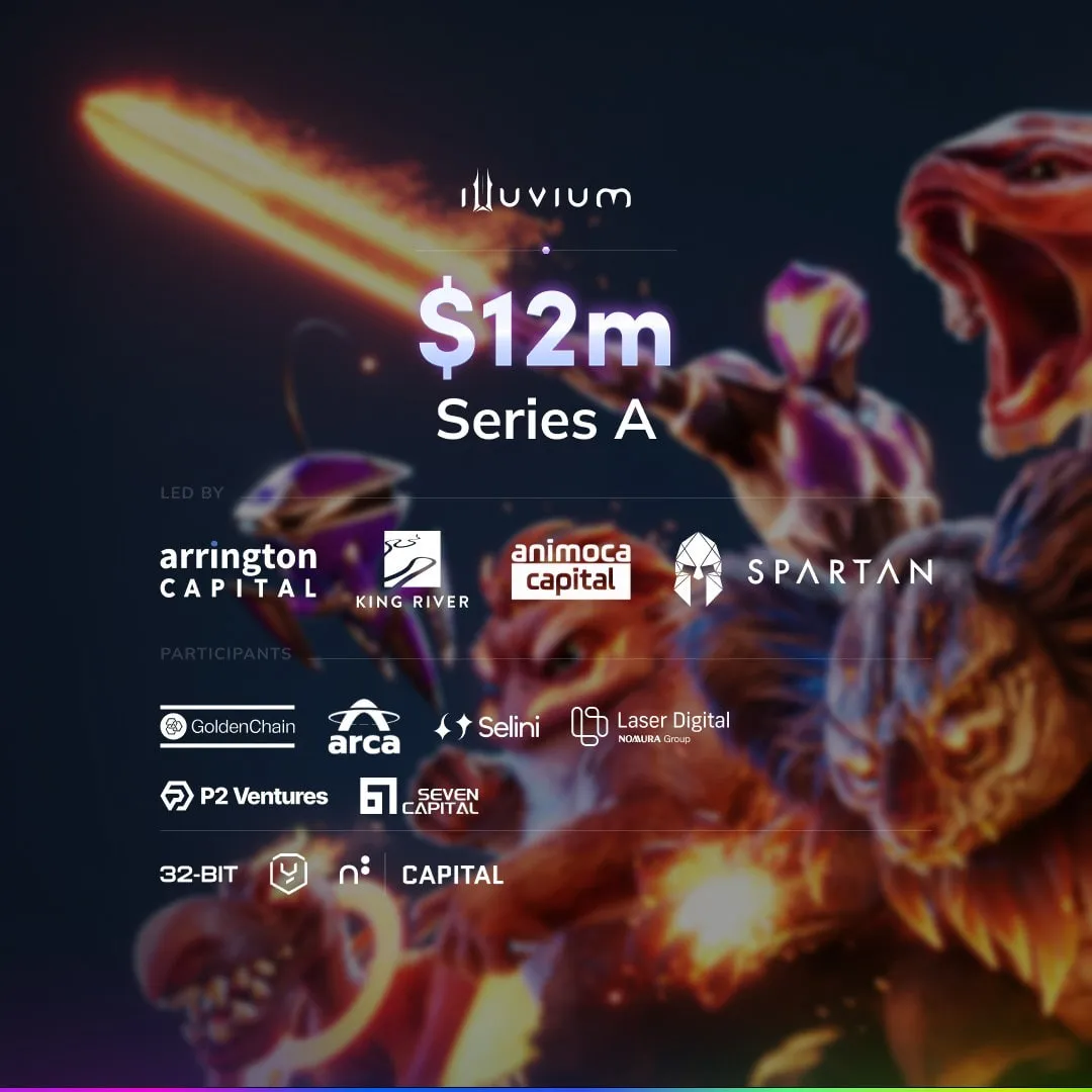 Illuvium raises $12m in a Series A, with investor logos over game art