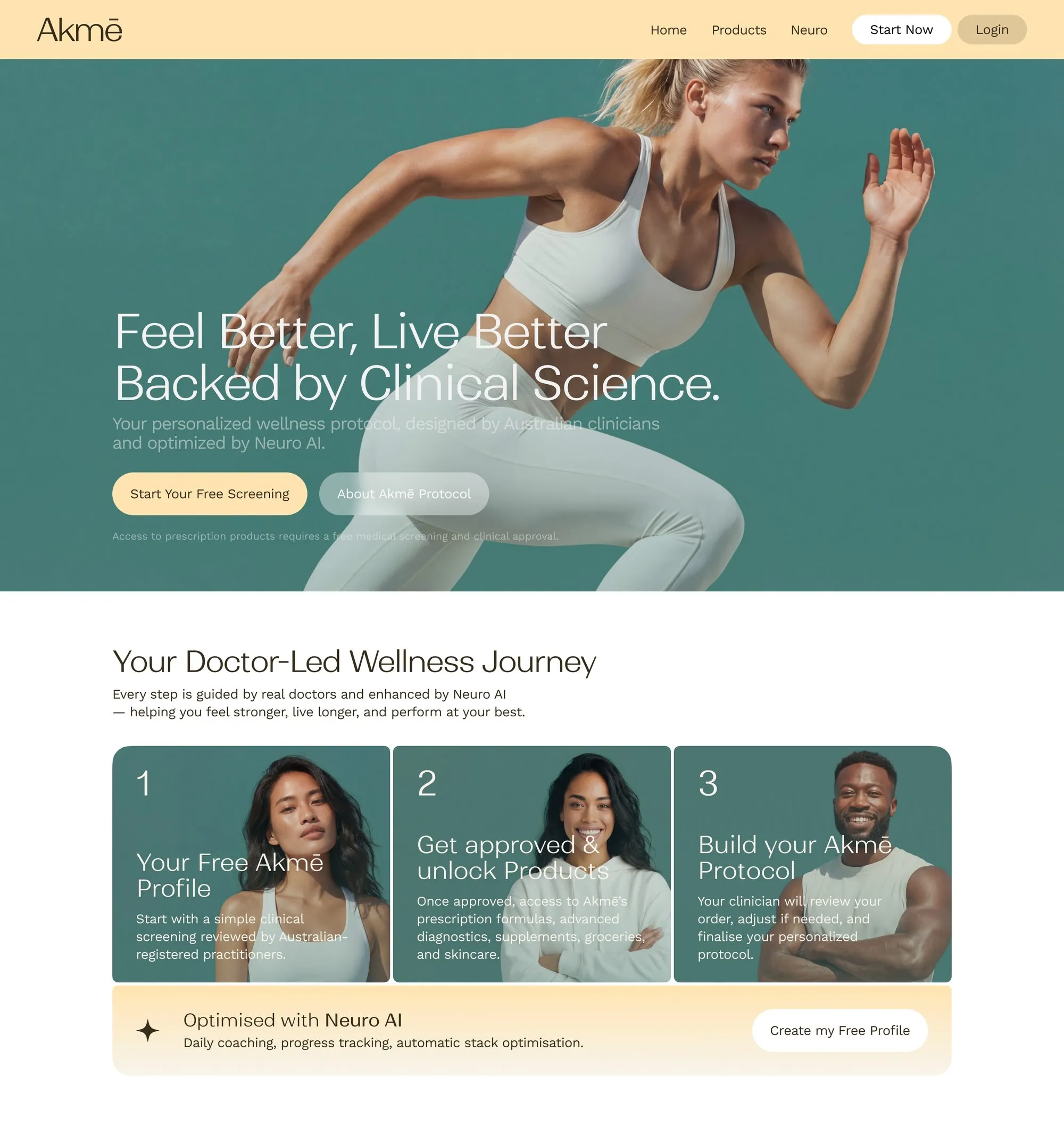 Akmē landing page with hero, three-step doctor-led journey and Neuro AI banner
