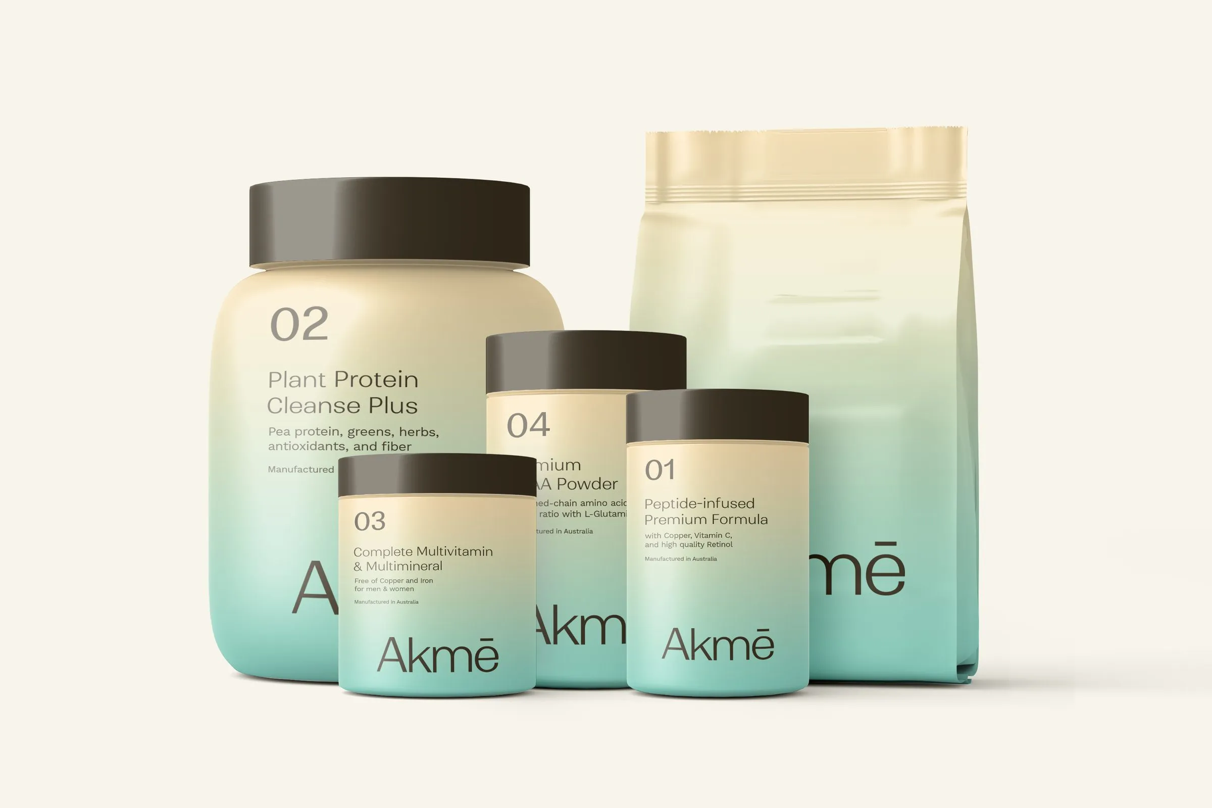 Studio shot of Akmē jars 01 to 04 and the pouch on a cream background