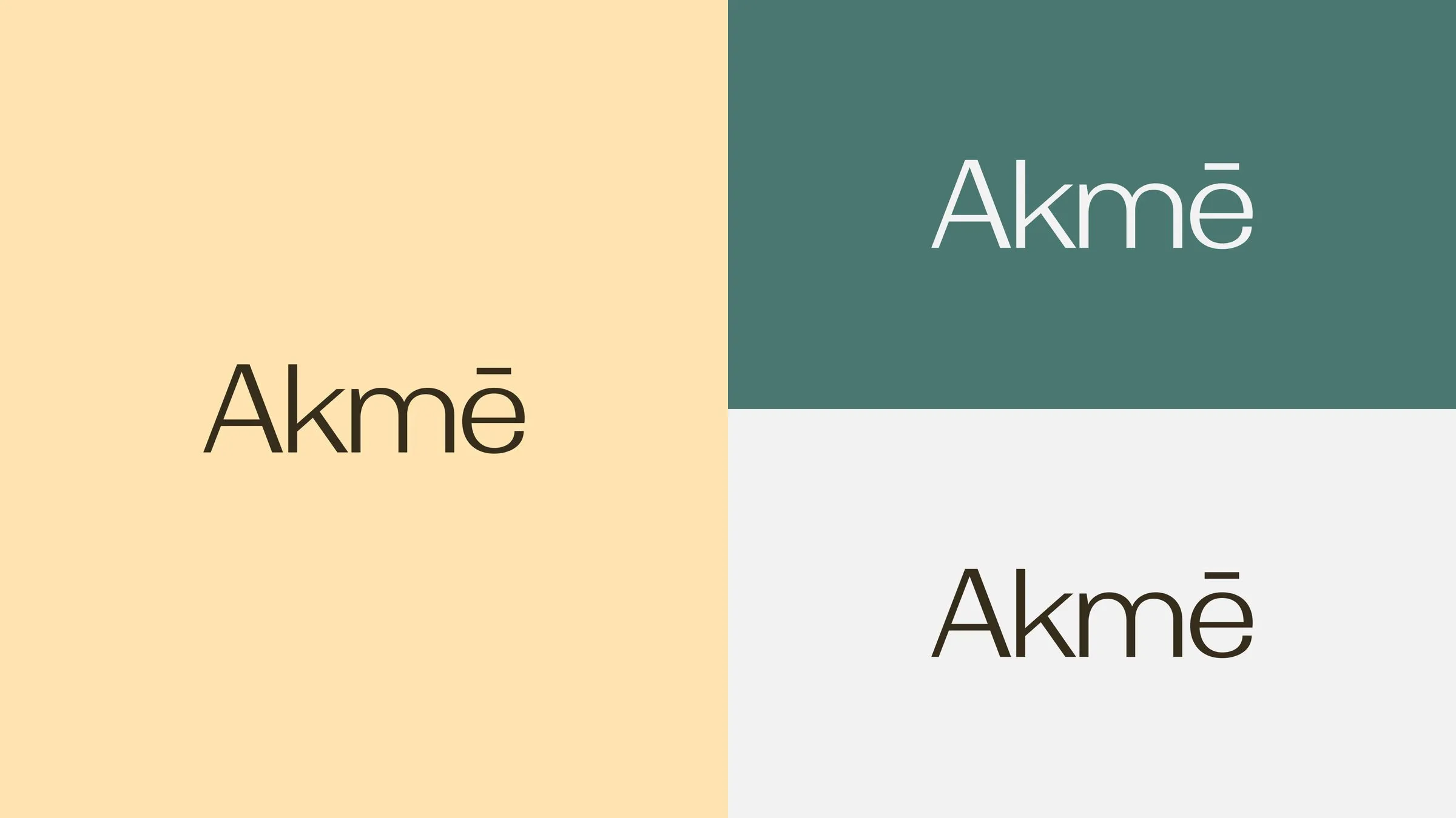 Akmē wordmark on butter, teal and light grey backgrounds
