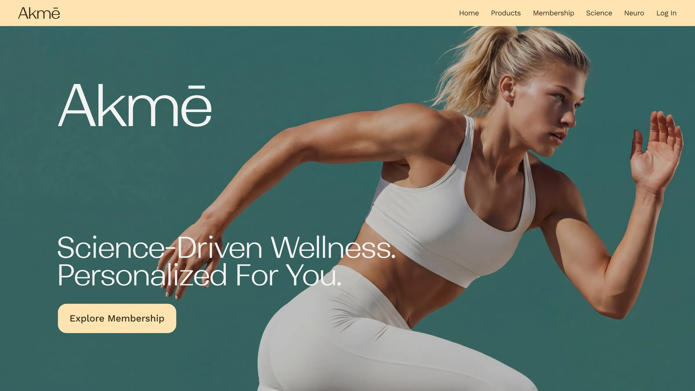 Akmē website hero with sprinting athlete and headline Science-Driven Wellness, Personalized For You