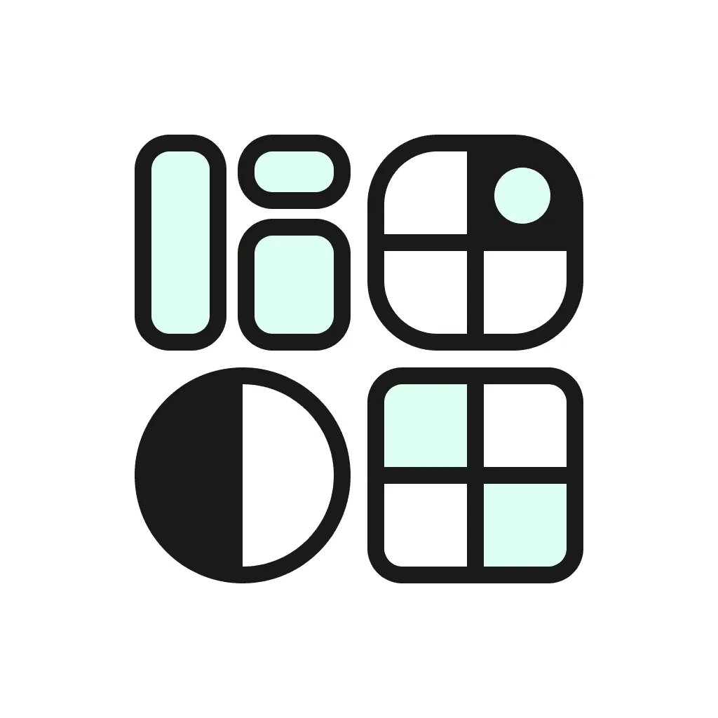 Yotsu app icon: four black-outlined puzzle tiles with mint fills on white